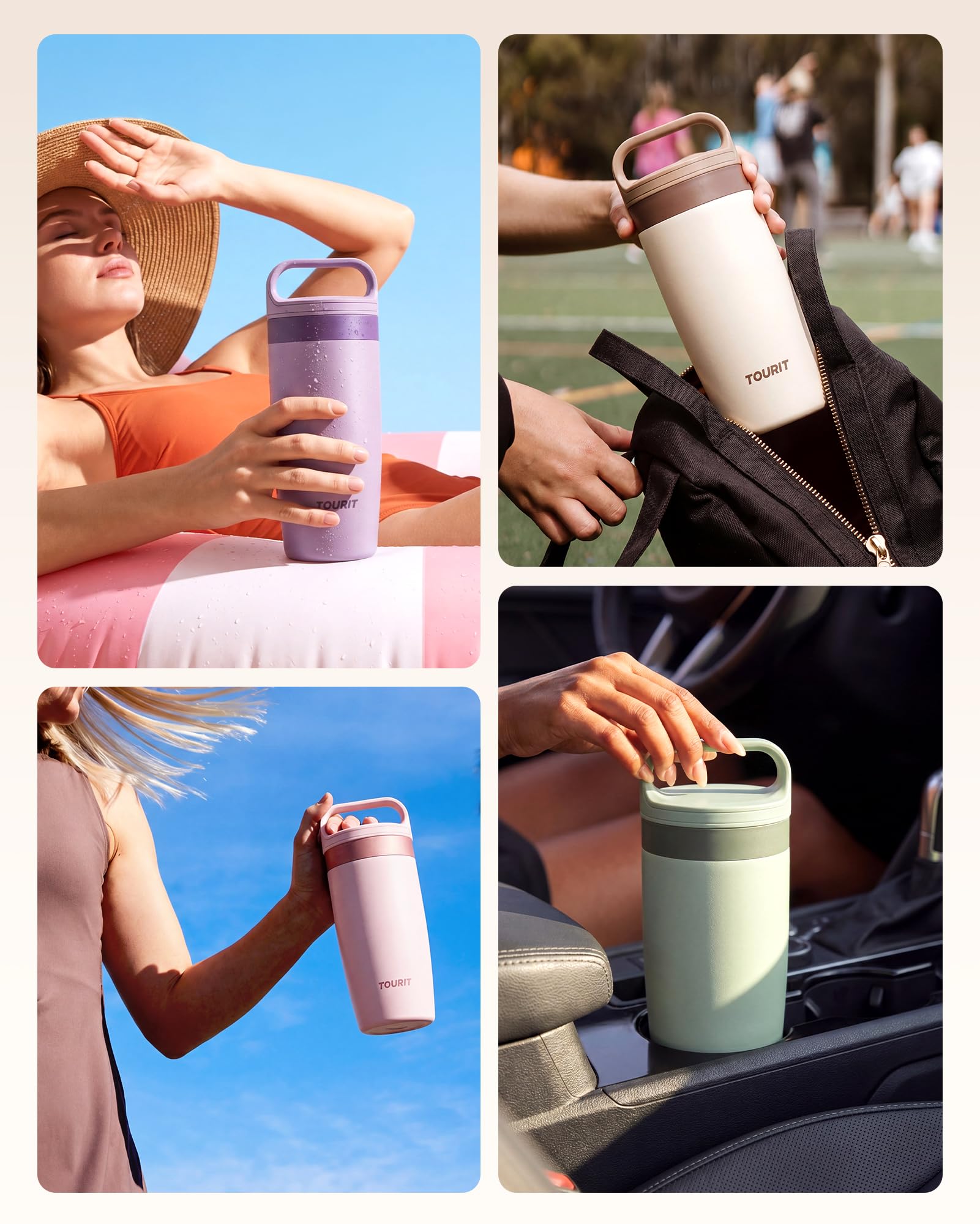 TOURIT Travel Coffee Mug 16 oz, Leakproof 2-Part Drink Lid Coffee Tumbler Cup, Insulated Stainless Steel Travel Mug, Dishwasher Safe Reusable Water Bottle, BPA-Free Coffee Mug,Off-White