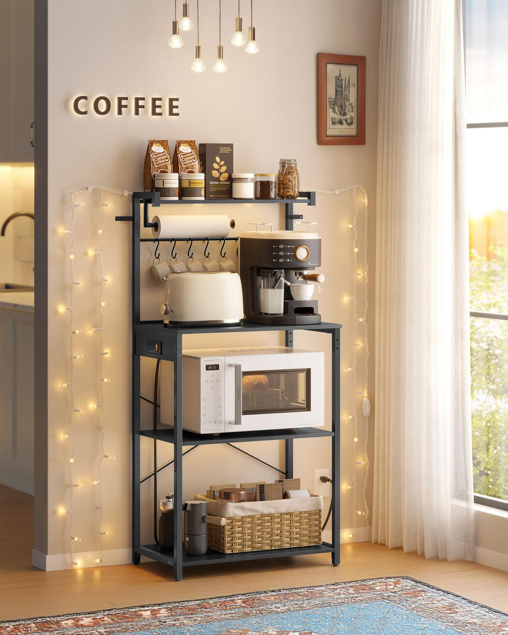 VASAGLE BARNET Collection - Kitchen Bakers Rack with Power Outlet, 31.5-Inch Wide Coffee Bar 4-Tier with 8 S Hooks, Modern Microwave Stand, Adjustable Shelf, Rustic Brown and Ink Black UKKS029KD01