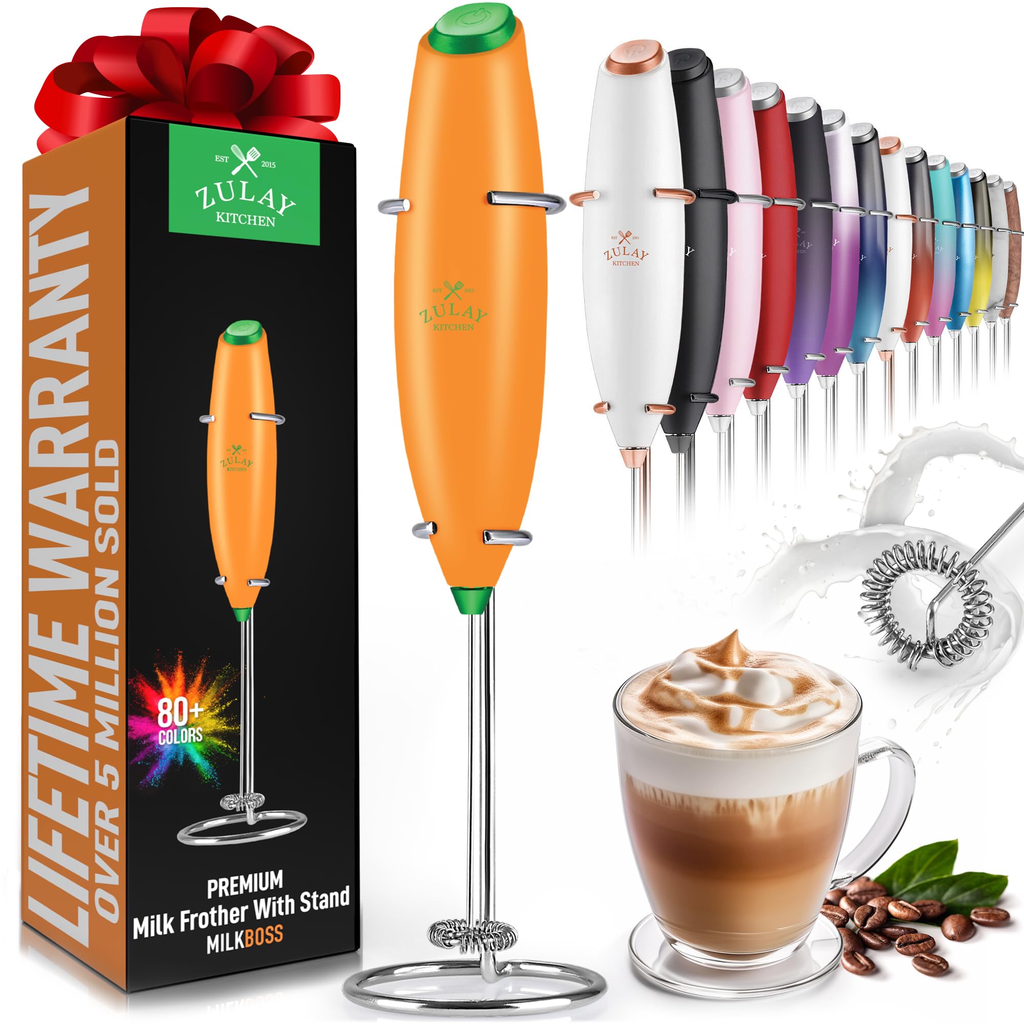Zulay Kitchen Powerful Milk Frother AA Batteries Included – Ultra Fast Handheld Drink Mixer with Stainless Steel Whisk Stirrer for Coffee, Protein, Matcha & More, Frother Wand Electric Frothmate Black