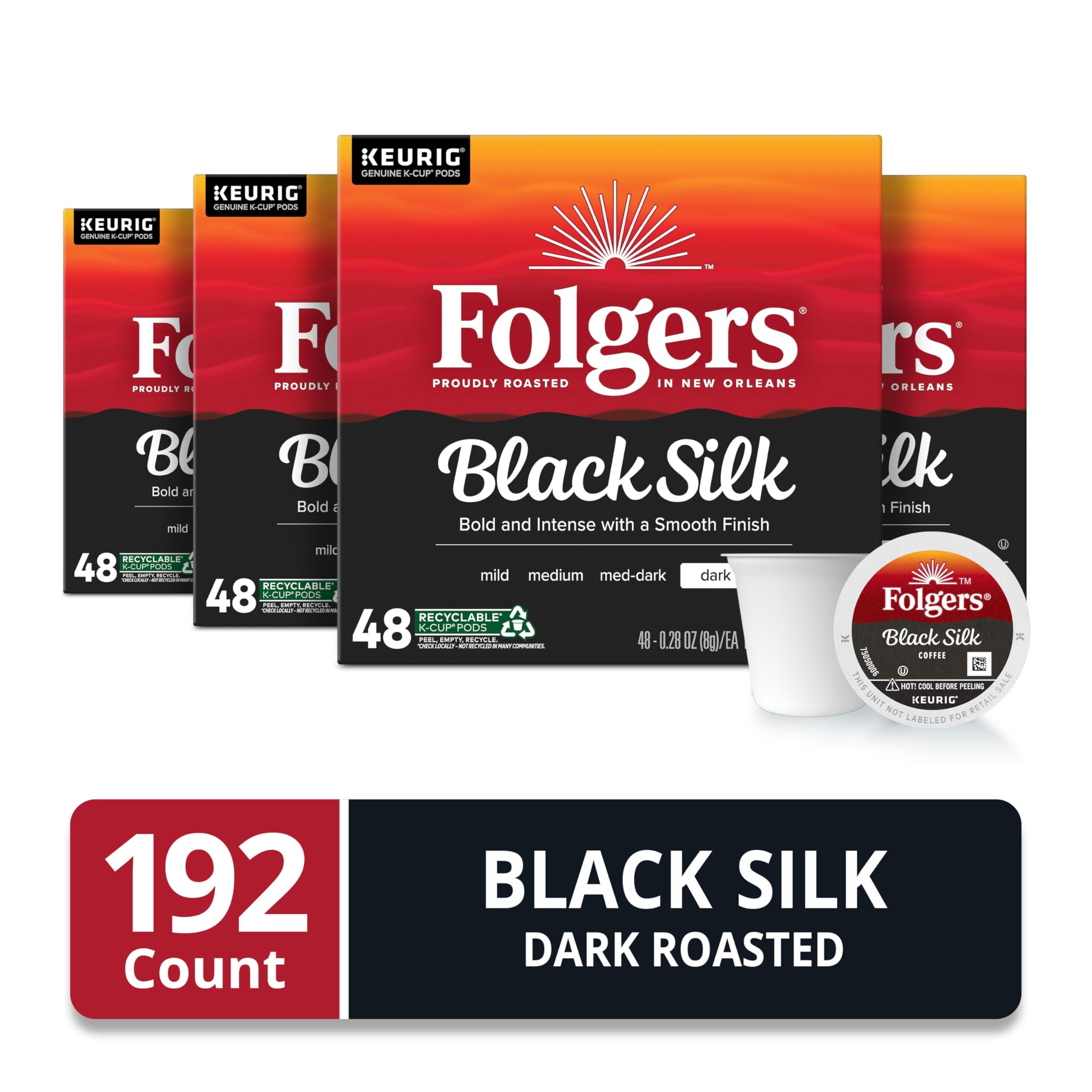 Folgers Black Silk, Dark Roast Coffee, Keurig K-Cup Pods, 12-Count Boxes (Pack of 6)