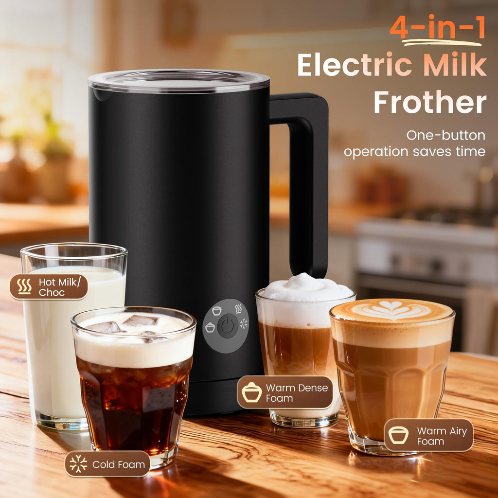 4-in-1 Electric Milk Frother & Steamer – Automatic Frother Machine, Barista-Style Hot & Cold Foam for Lattes, Cappuccinos, Iced Coffee, Quiet, One-Touch, Easy to Clean