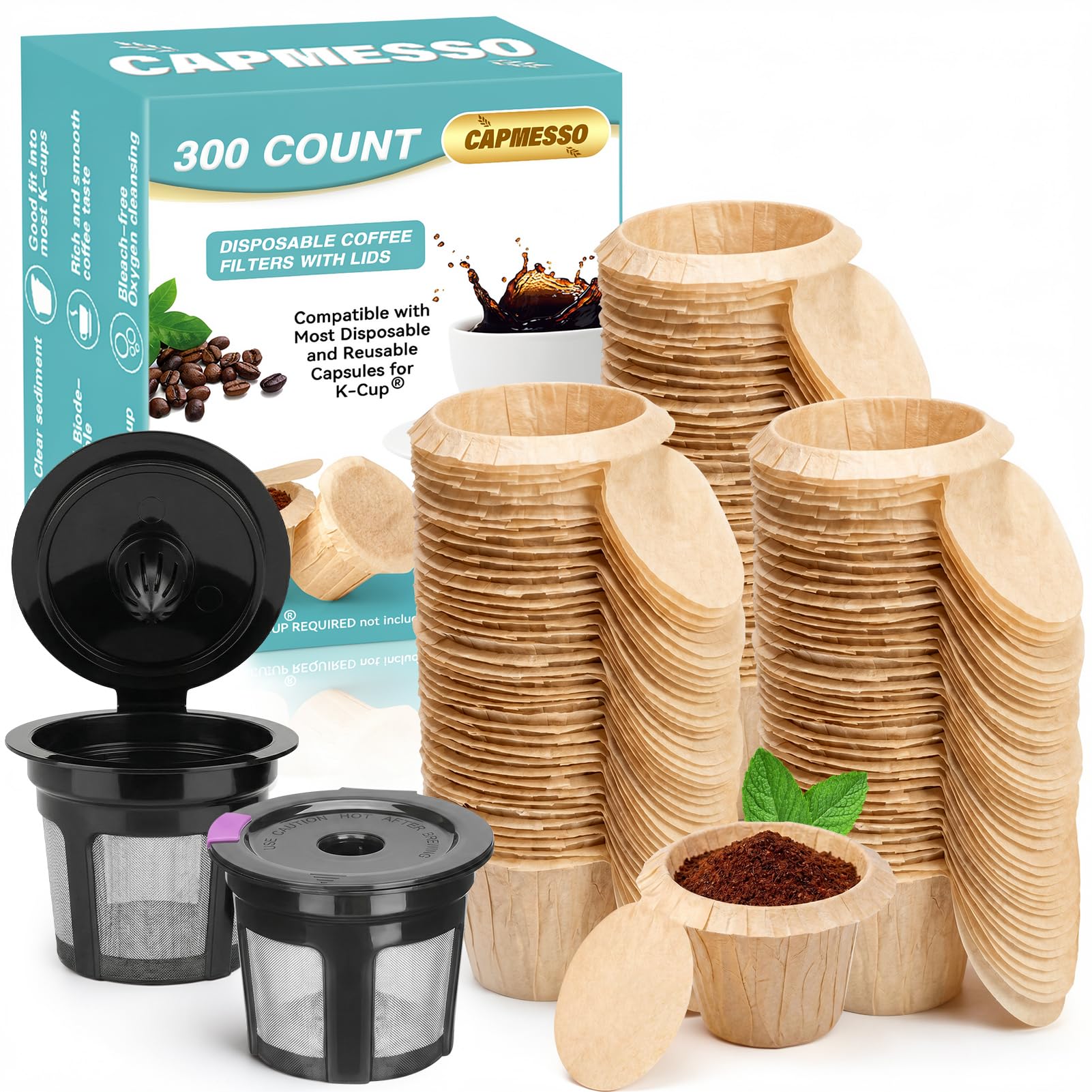 CAPMESSO Disposable Coffee Paper Filters Replacement Keurg Filter Compatible with Reusable Single Serve Pods Keurg Coffee Maker-300 Count (Natural)