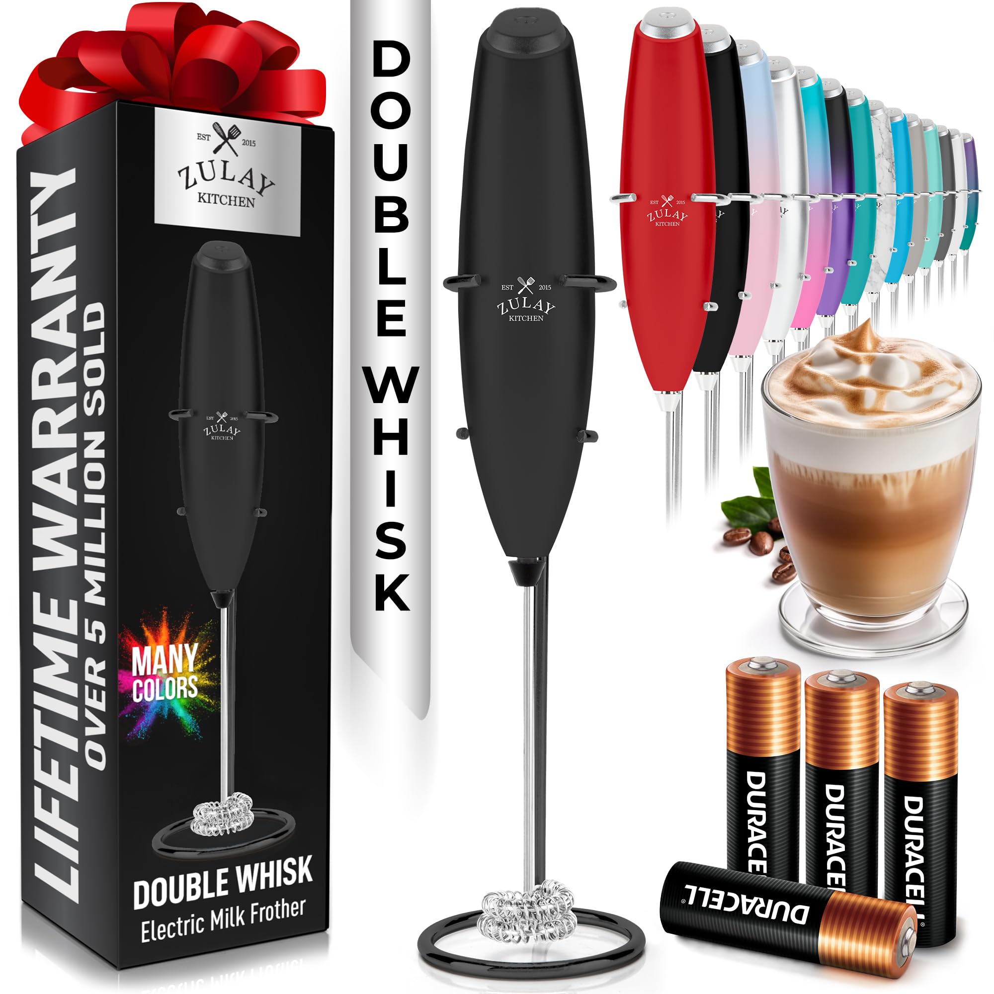Zulay Kitchen Rechargeable Milk Frother Handheld - Frother Wand, Drink Mixer, Electric Whisk Frother, for Cappuccinos, Matcha & Protein Powder - Lux 4 Whisk 2 Speed Waterproof 2000mAh Alpha Black