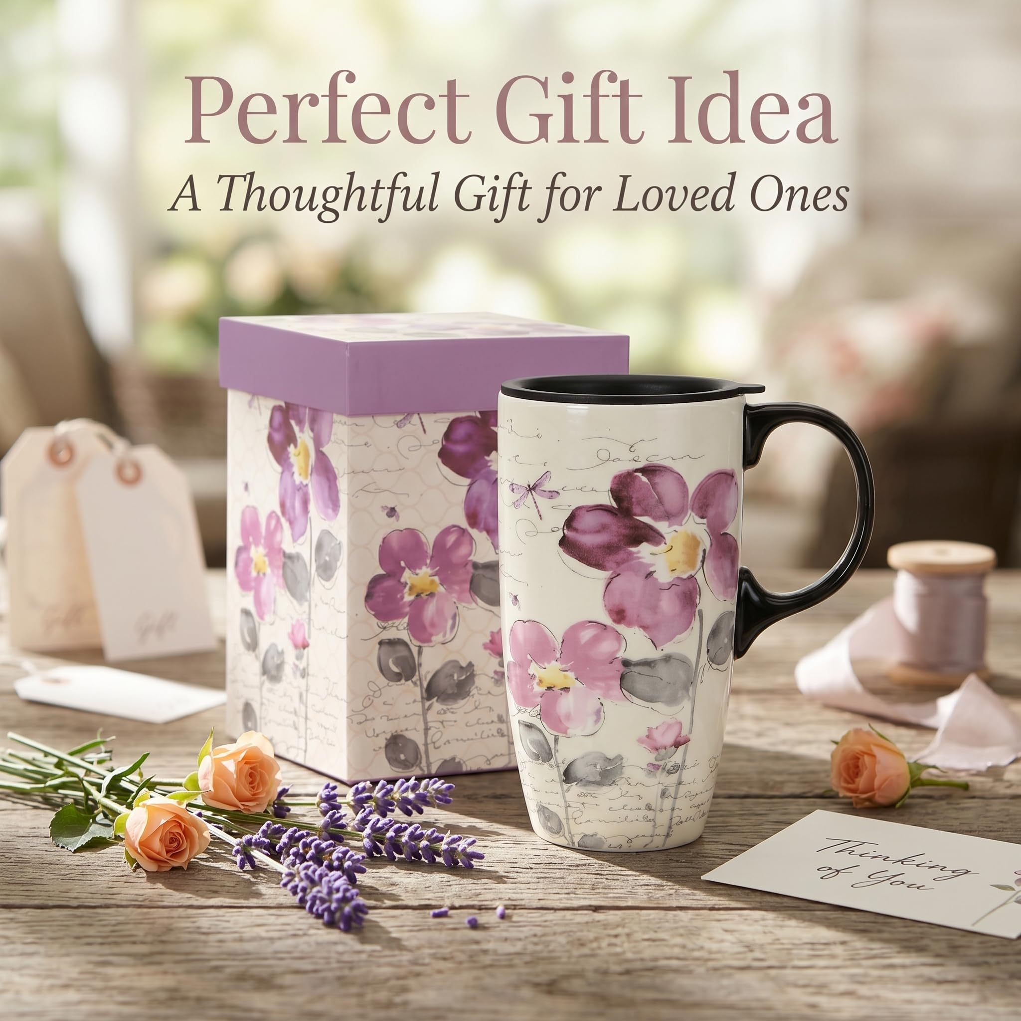 Topadorn 17oz Ceramic Travel Mug with Lid, Tall Ceramic Coffee Mug with Handle, Purple Floral Coffee Cup with Gift Box