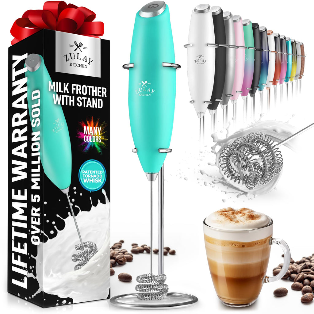 Zulay Kitchen Powerful Milk Frother AA Batteries Included – Ultra Fast Handheld Drink Mixer with Stainless Steel Whisk Stirrer for Coffee, Protein, Matcha & More, Frother Wand Electric Frothmate Black