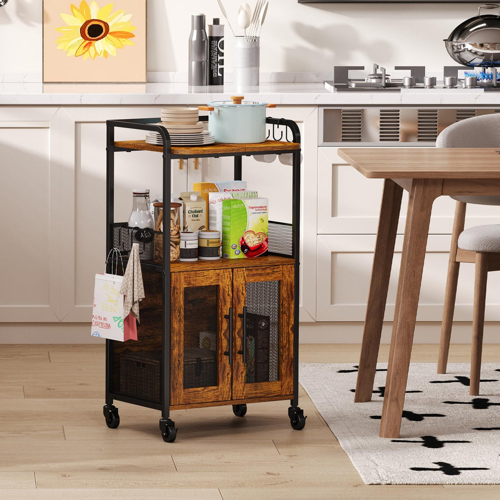 Hencawima Coffee Bar Cabinet, 3 Tier Coffee Station Table on Wheels, 35.9" H Bar Cart with Wire Basket Drawer & 5 Hooks for Home Kitchen, Liquor Buffet Sideboard Cabinet (Rustic Brown)