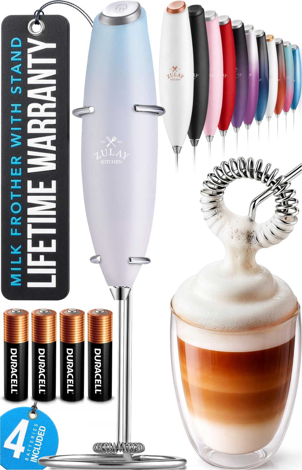 Zulay Kitchen Rechargeable Milk Frother Handheld - Frother Wand, Drink Mixer, Electric Whisk Frother, for Cappuccinos, Matcha & Protein Powder - Lux 4 Whisk 2 Speed Waterproof 2000mAh Alpha Black