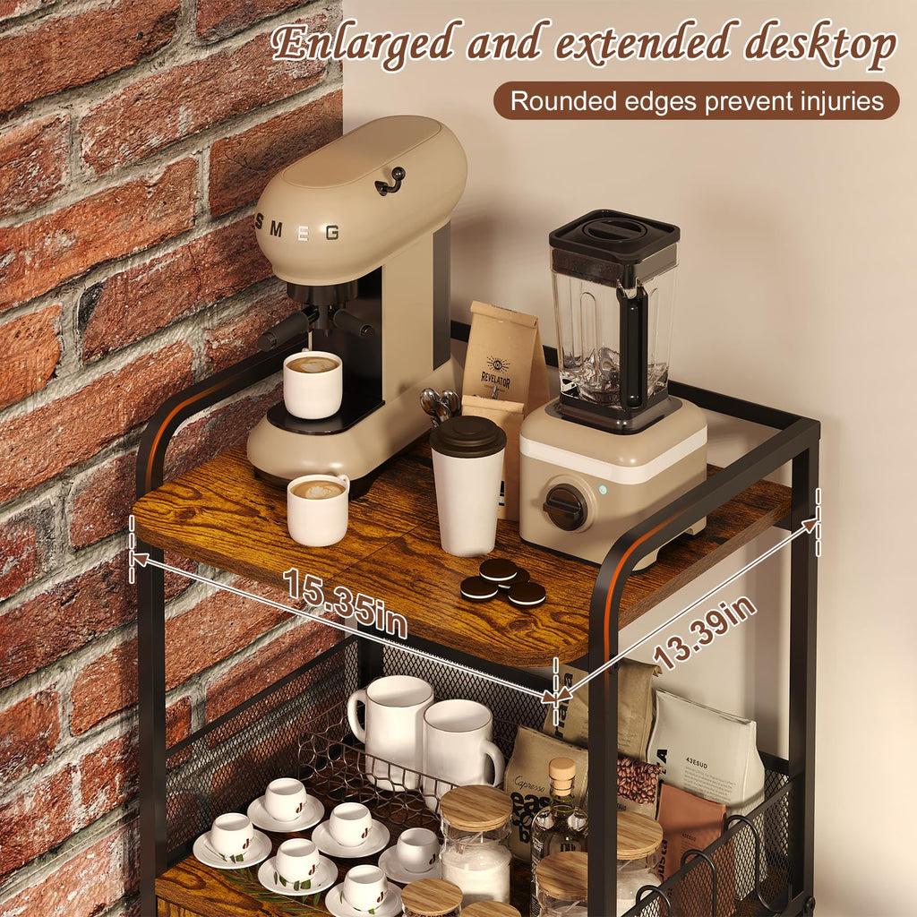 Hencawima Coffee Bar Cabinet, 3 Tier Coffee Station Table on Wheels, 35.9" H Bar Cart with Wire Basket Drawer & 5 Hooks for Home Kitchen, Liquor Buffet Sideboard Cabinet (Rustic Brown)