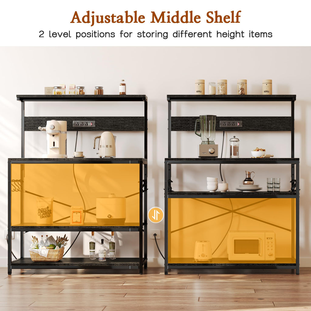 SUPERJARE Kitchen Bakers Rack with Power Outlet, Coffee Bar Table 4 Tiers, Kitchen Microwave Stand with 6 S-shaped Hooks, Storage Shelf Rack for Spices, Pots and Pans - Rustic Brown