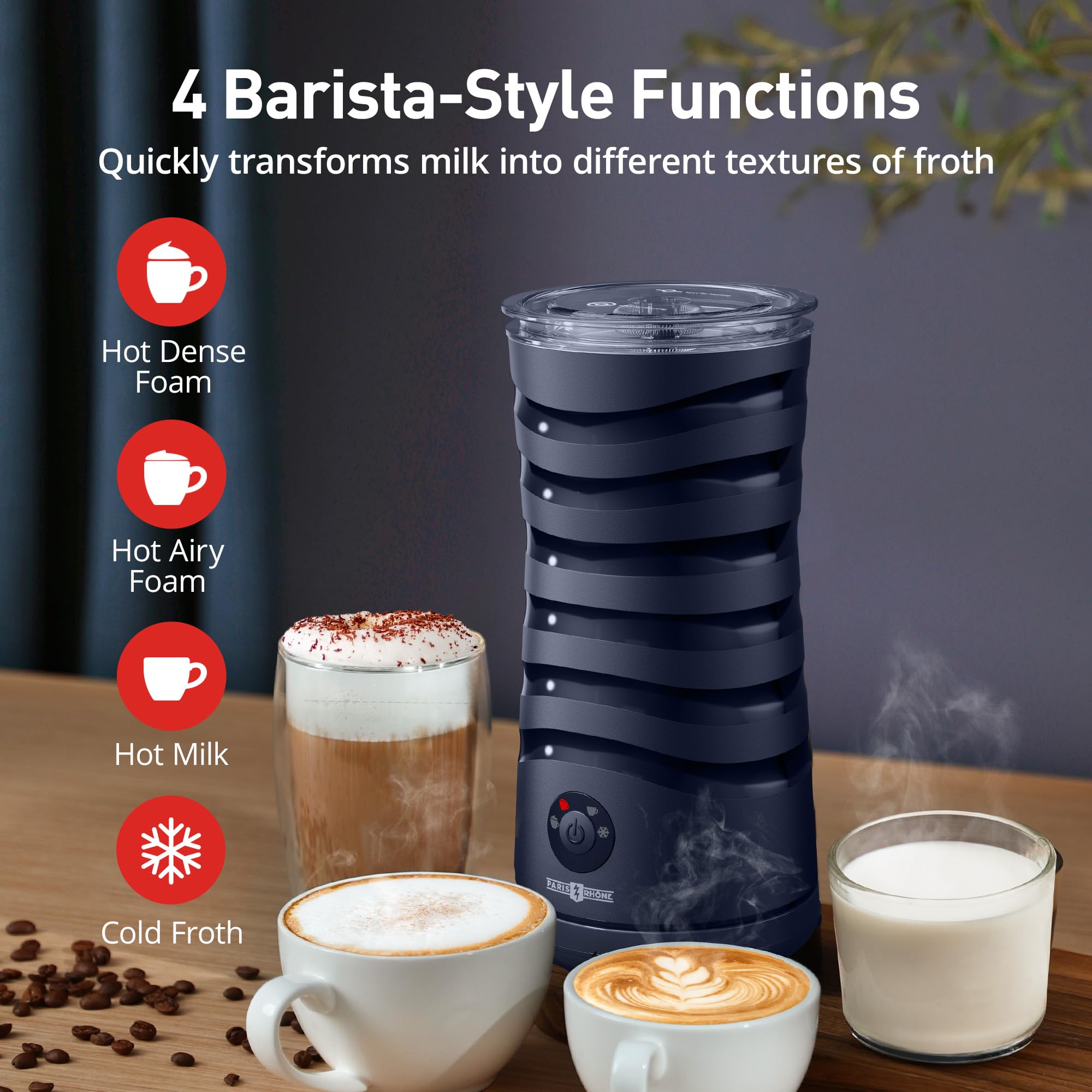 Electric Milk Frother, Paris Rhône 4-in-1 Milk Steamer and Frother, Hot & Cold Foam Milk Warmer with Temperature Control, Auto Shut-Off Frothers for Coffee, Latte,Macchiato, Cappuccino