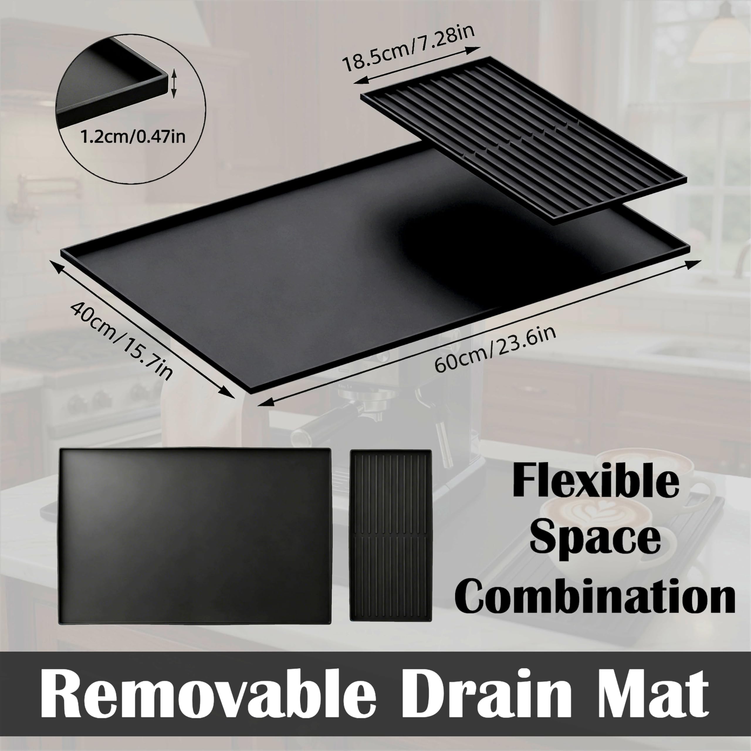 Silicone Coffee Bar Mat 24 x 16 in with Drying Tray, Classic Black | 24 x 16 in food-grade silicone mat for home/coffee bar; removable tray, raised rim, smooth base adds grip, heat insulation