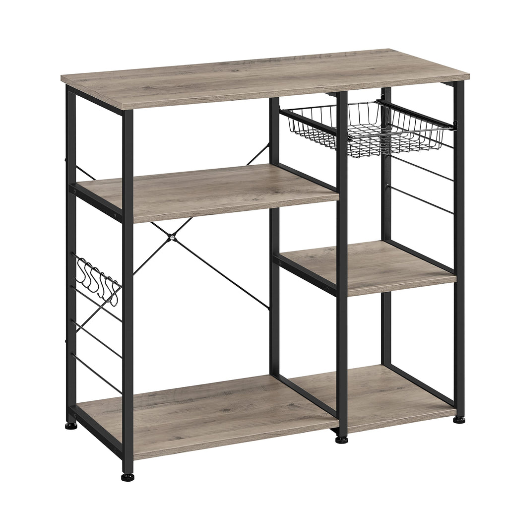 VASAGLE Baker's Rack, Coffee Bar Stand with Charging Station, 35.6 Inches Tall, Storage Shelves, Pull-Out Wire Basket, Table for Microwave, Kitchen, Rustic Brown and Ink Black UKKS036K01