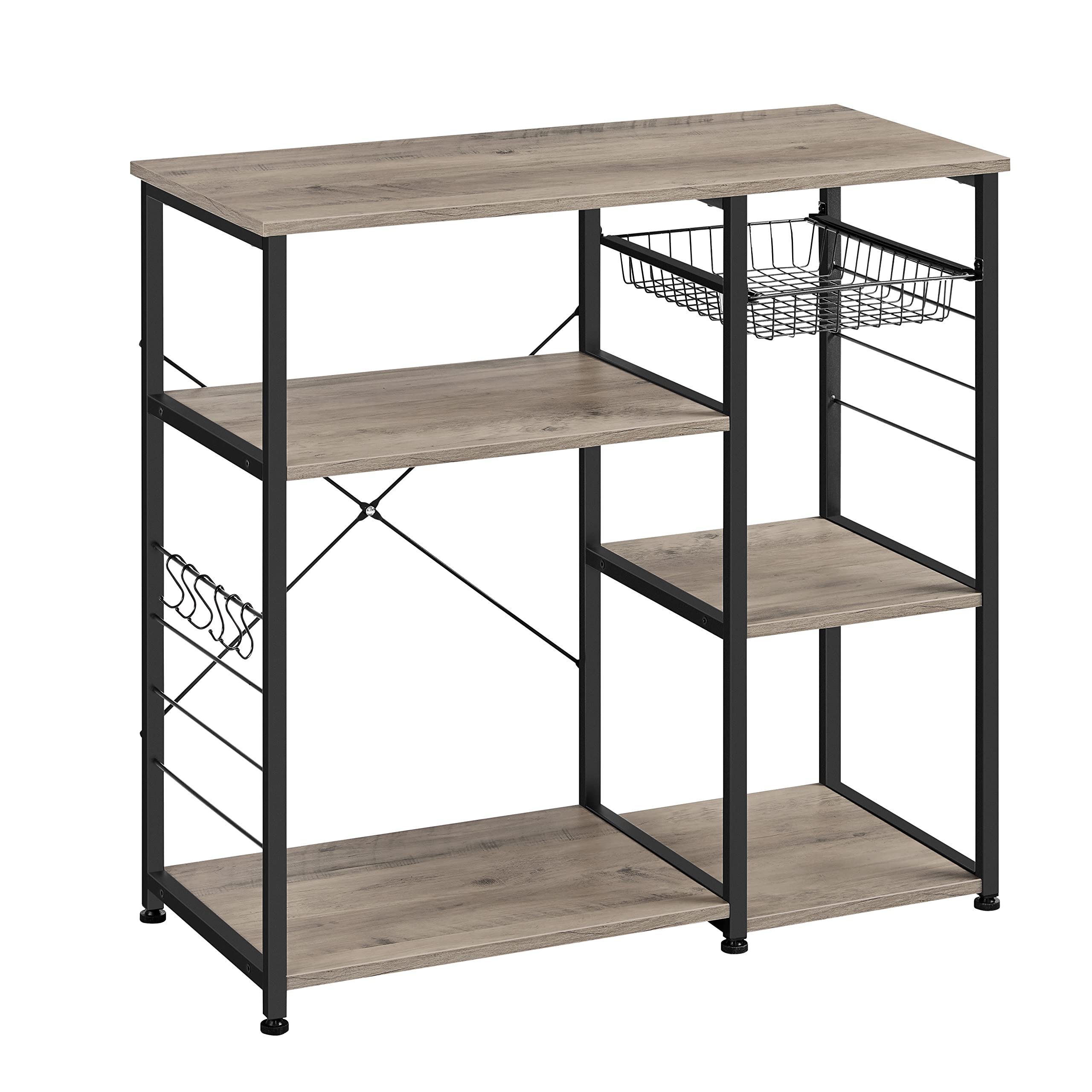 VASAGLE Baker's Rack, Coffee Bar Stand with Charging Station, 35.6 Inches Tall, Storage Shelves, Pull-Out Wire Basket, Table for Microwave, Kitchen, Rustic Brown and Ink Black UKKS036K01