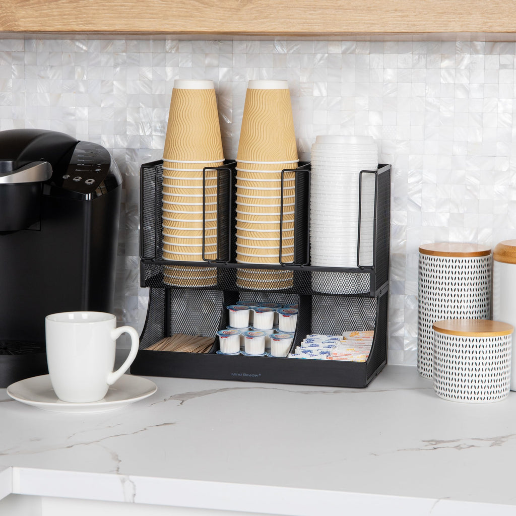 Mind Reader Condiment Station, 13 Inch Countertop Coffee Bar Organizer with 6 Compartments, Storage Caddy for Cups, Lids and Packets, Plastic, Black