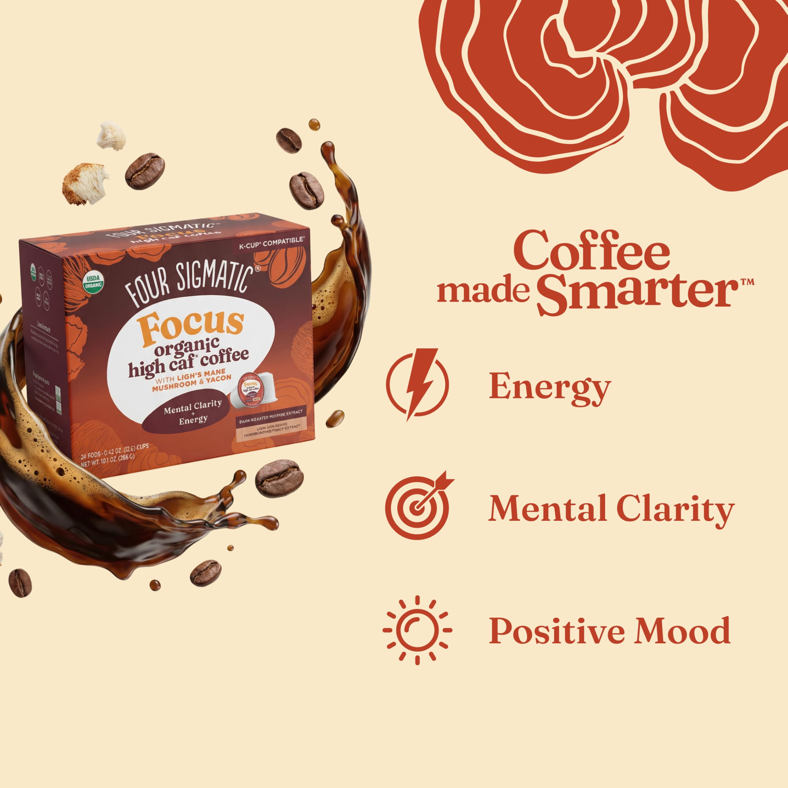 Four Sigmatic Mushroom Coffee K-Cups | Organic Dark Roast Coffee with Lion’s Mane Mushroom Powder & Yacon | Focus & Immune Support | Vegan & Keto | Sustainable Pods | 24 Count