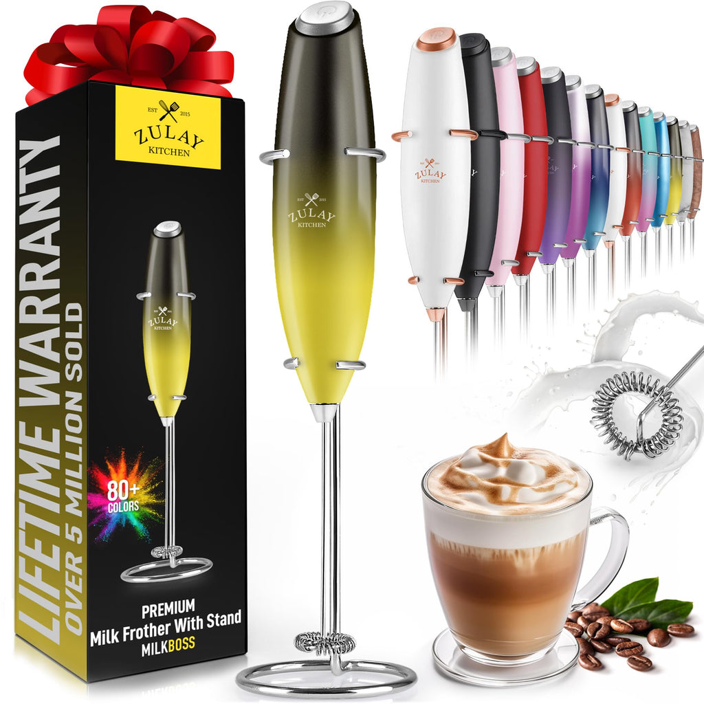 Zulay Kitchen Powerful Milk Frother AA Batteries Included – Ultra Fast Handheld Drink Mixer with Stainless Steel Whisk Stirrer for Coffee, Protein, Matcha & More, Frother Wand Electric Frothmate Black