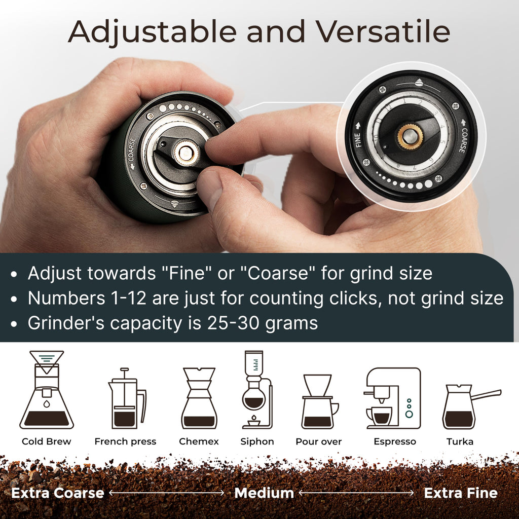 Premium Manual Coffee Grinder for Espresso, Pour Over & French Press with Stainless Steel Conical Burr, Precision Adjustable Hand Grinder, Compact Travel Size - by Alpaca Ventures