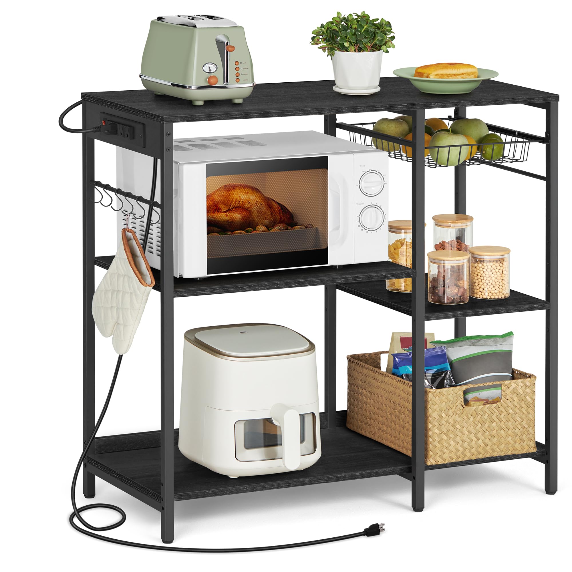 VASAGLE Baker's Rack, Coffee Bar Stand with Charging Station, 35.6 Inches Tall, Storage Shelves, Pull-Out Wire Basket, Table for Microwave, Kitchen, Rustic Brown and Ink Black UKKS036K01