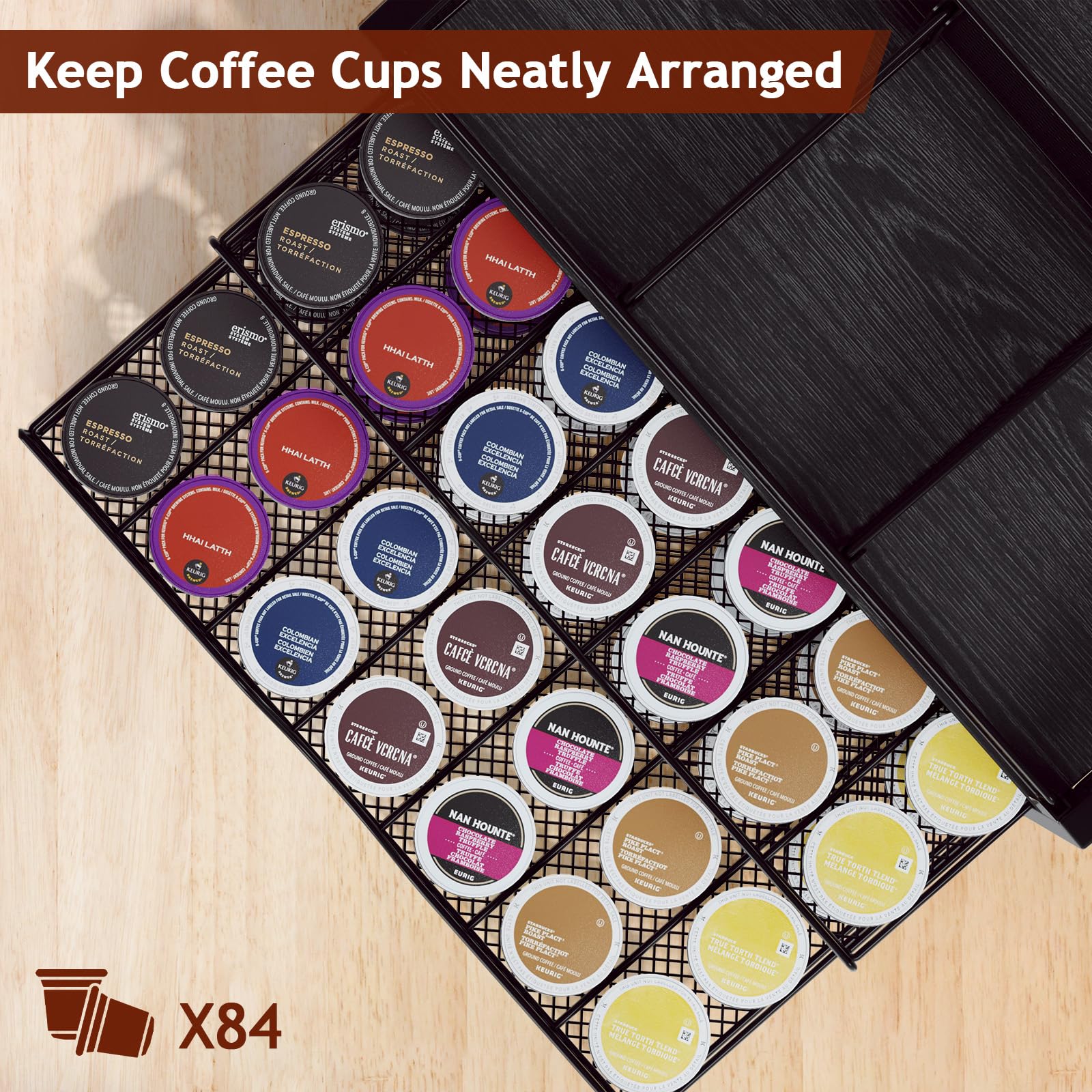 Homsorout Coffee Bar Organizer - Coffee Station for Countertop, Metal and Wood K Cup holder Storage Basket for Coffee Pods, Syrup, Cups, Stirrer, Coffee Condiment, Tea Organizer, Black and Brown