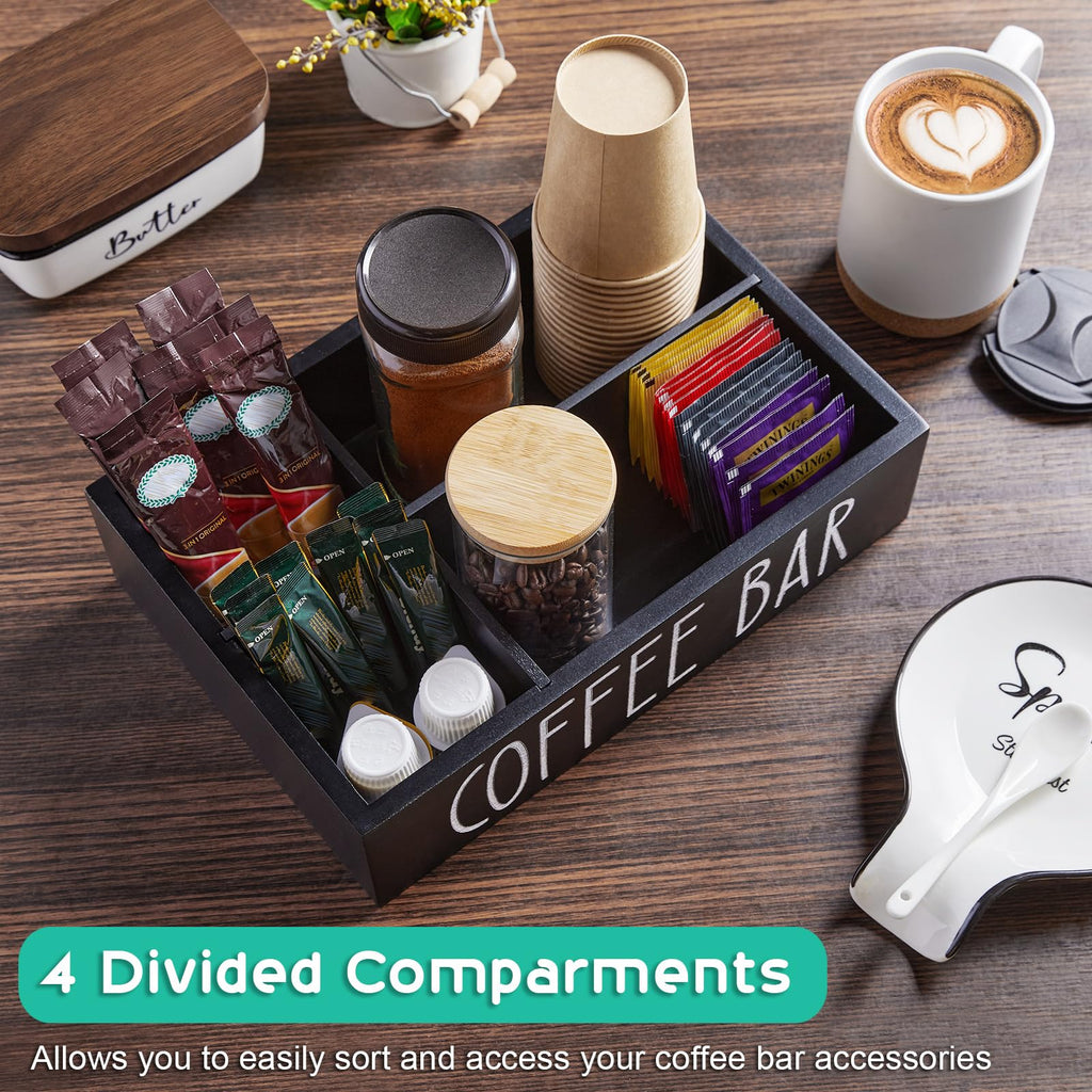 ALELION Coffee Station Organizer - Wood Countertop Accessories Organizer with Removable Dividers for Pods Condiment Syrup Tea Cups Stirrers - for Farmhouse Coffee Bar Decor