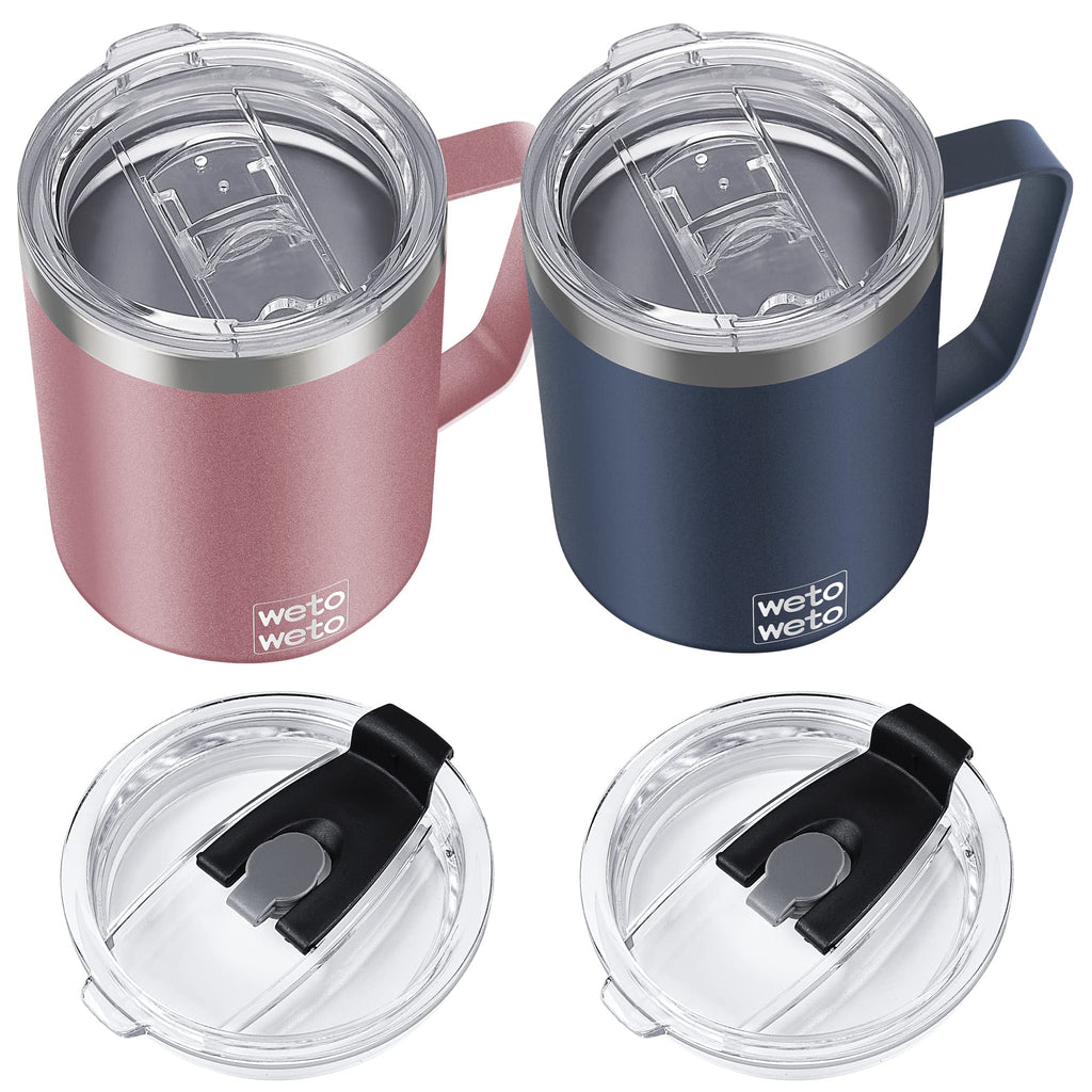 WETOWETO Coffee Mug with Handle, 14oz Insulated Stainless Steel Coffee Travel Mug, Double Wall Vacuum Reusable Coffee Cup with Lid, Powder Coated Rose Gold