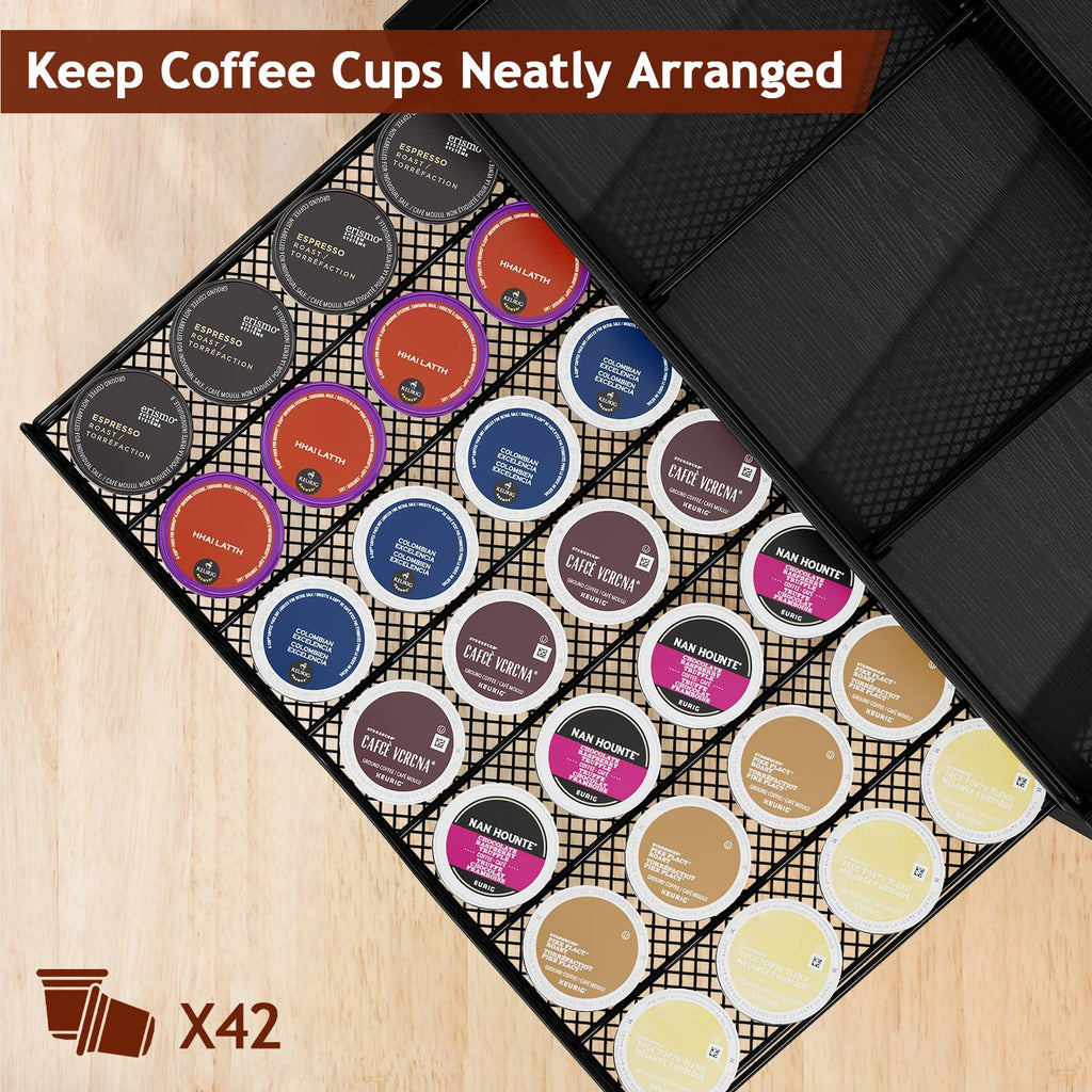 Homsorout Coffee Bar Organizer - Coffee Station for Countertop, Metal and Wood K Cup holder Storage Basket for Coffee Pods, Syrup, Cups, Stirrer, Coffee Condiment, Tea Organizer, Black and Brown