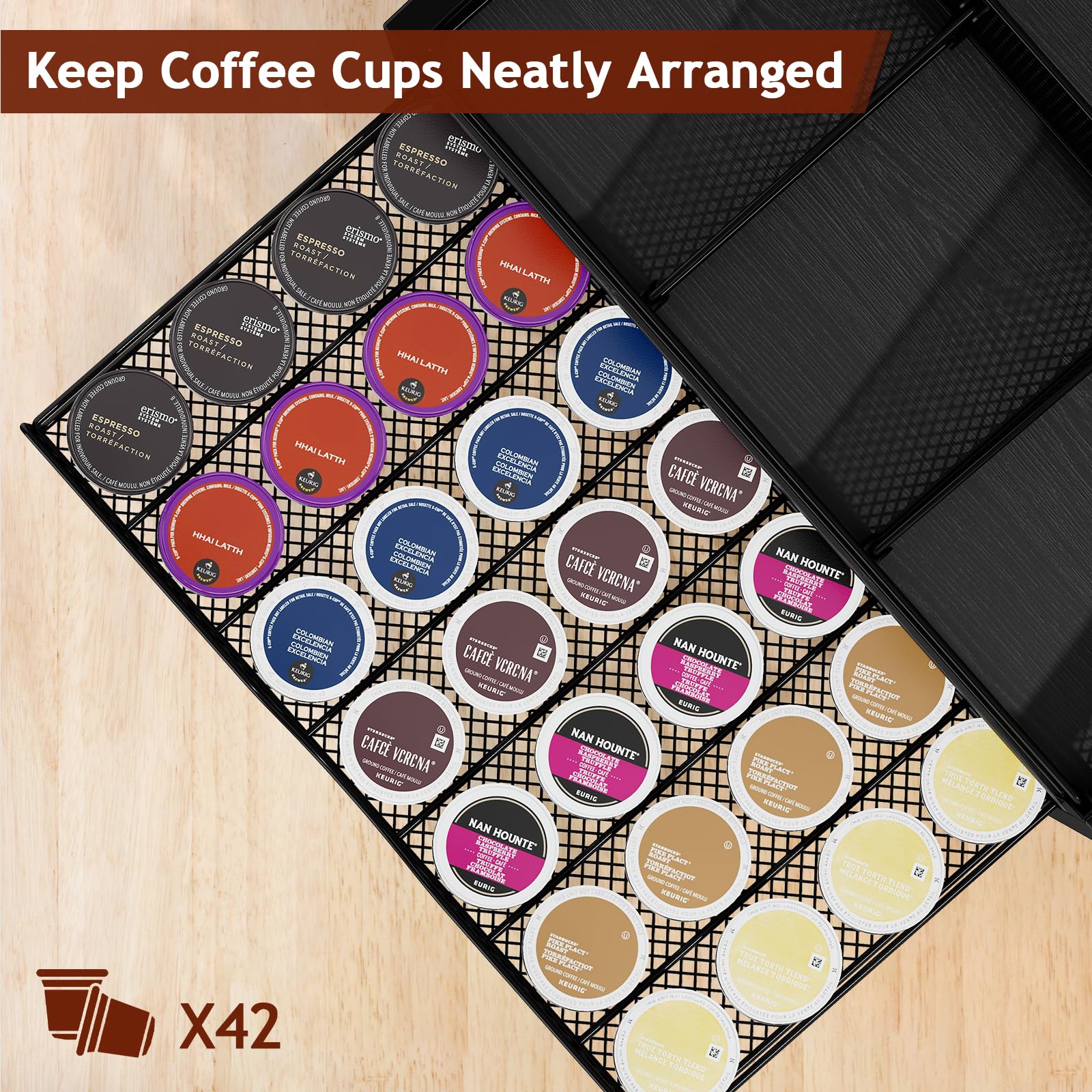 Homsorout Coffee Bar Organizer - Coffee Station for Countertop, Metal and Wood K Cup holder Storage Basket for Coffee Pods, Syrup, Cups, Stirrer, Coffee Condiment, Tea Organizer, Black and Brown