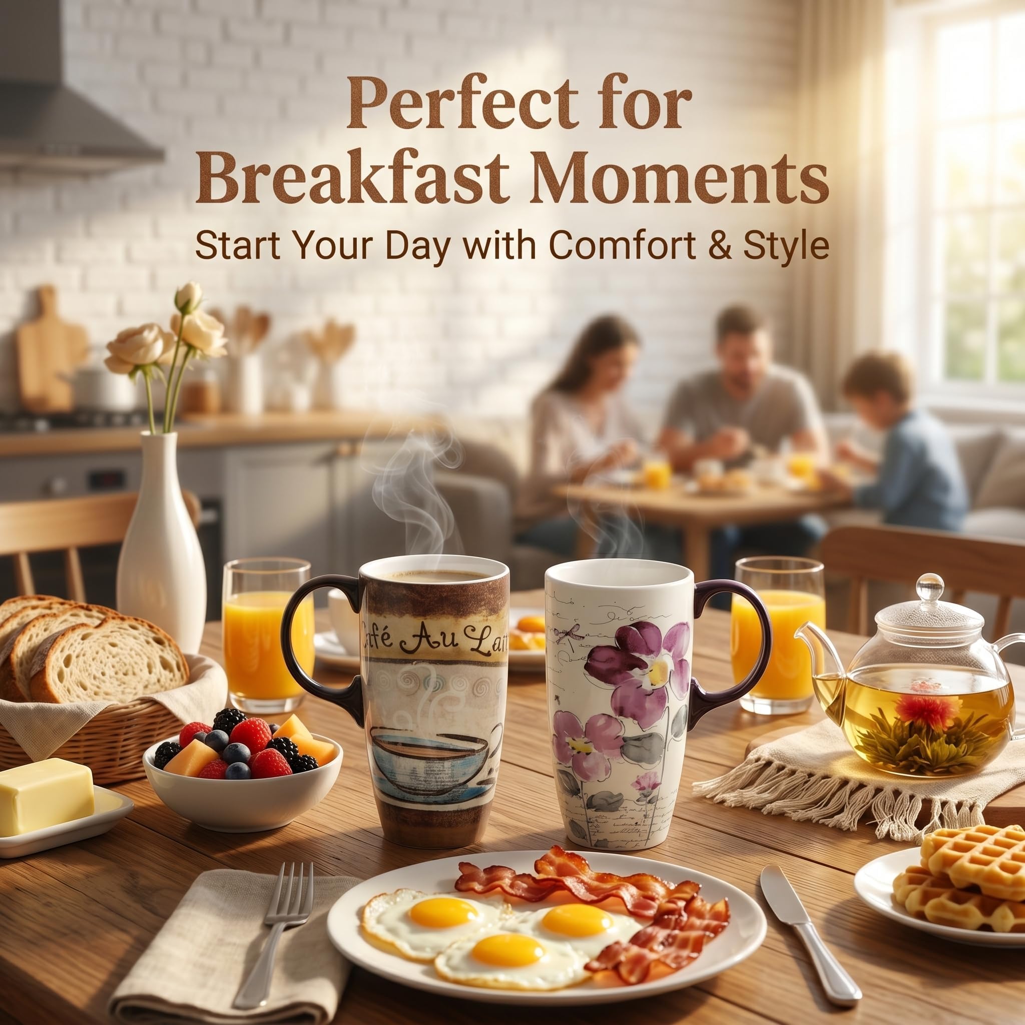Topadorn 17oz Ceramic Travel Mug with Lid, Tall Ceramic Coffee Mug with Handle, Purple Floral Coffee Cup with Gift Box