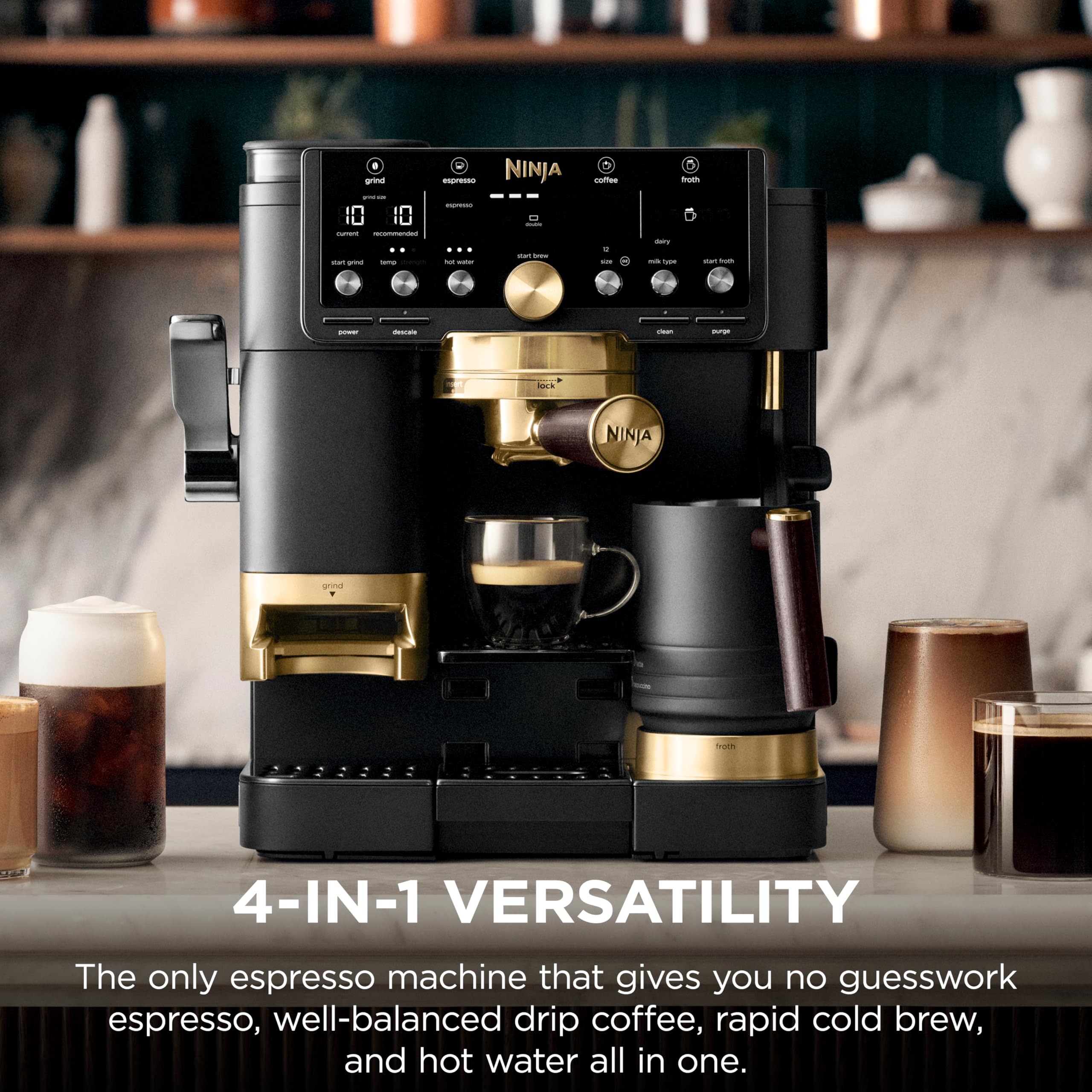 Ninja Luxe Café Pro Series, Espresso Machine, Drip Coffee, Cold Brew, Hot Water, Integrated Tamper, Built-in Grinder, Hands-Free Frother for Cappuccinos, Lattes, Americanos, Dairy or Non-Dairy, ES701