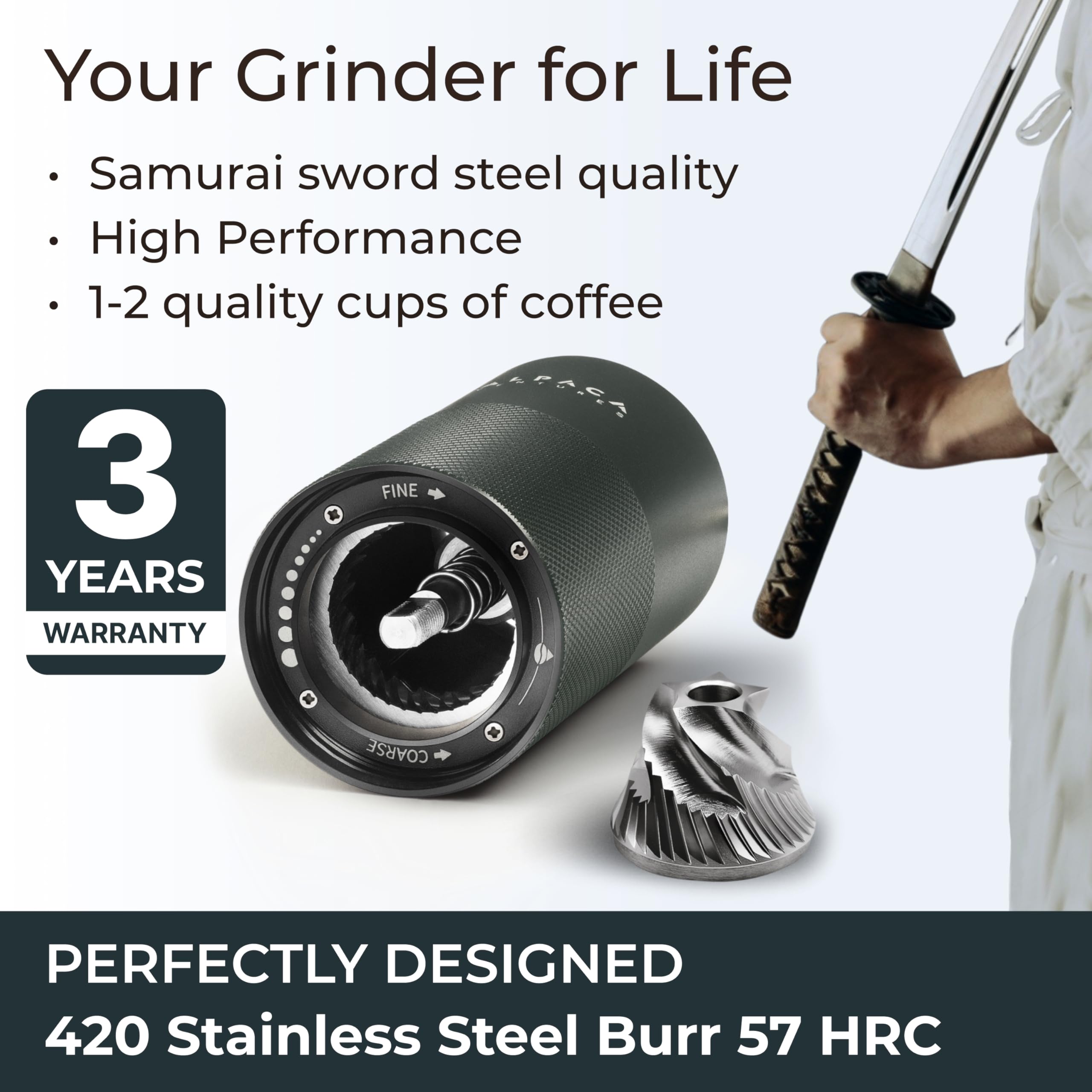 Premium Manual Coffee Grinder for Espresso, Pour Over & French Press with Stainless Steel Conical Burr, Precision Adjustable Hand Grinder, Compact Travel Size - by Alpaca Ventures