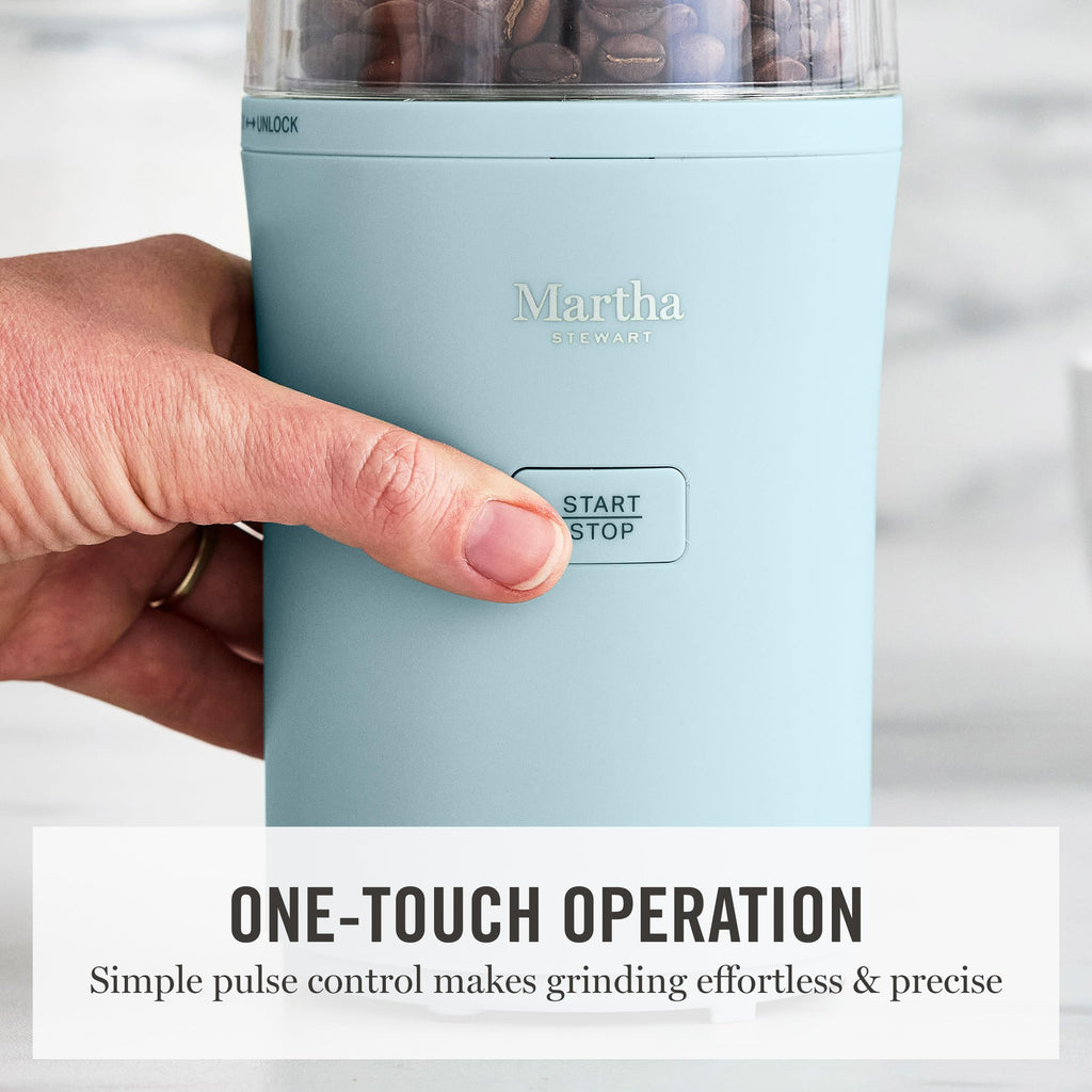 Martha Stewart Electric Coffee & Spice Grinder, Dual 2.5oz Removable Bowls, Storage Lids, Stainless Steel Blades, One Touch Pulse Control, 2-in-1 Compact, Beans & Spices, Herbs & Nuts, Honeydew Green