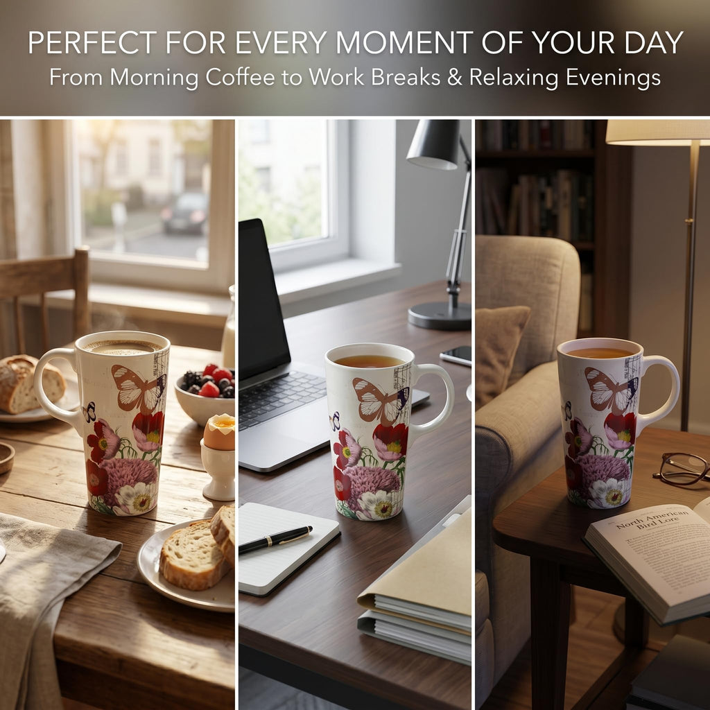 Topadorn 17oz Ceramic Travel Mug with Lid, Tall Ceramic Coffee Mug with Handle, Purple Floral Coffee Cup with Gift Box
