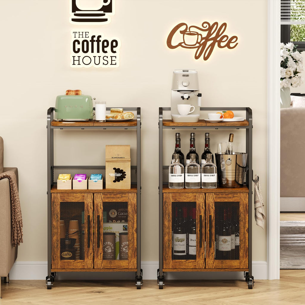 Hencawima Coffee Bar Cabinet, 3 Tier Coffee Station Table on Wheels, 35.9" H Bar Cart with Wire Basket Drawer & 5 Hooks for Home Kitchen, Liquor Buffet Sideboard Cabinet (Rustic Brown)
