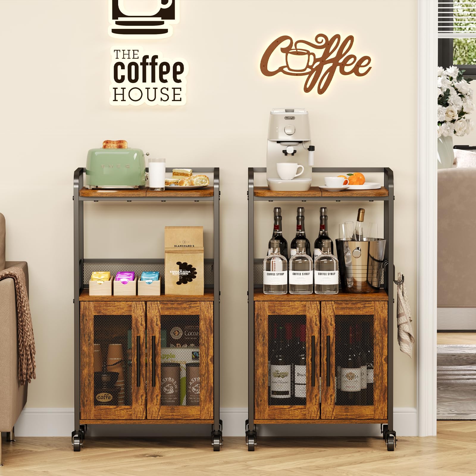 Hencawima Coffee Bar Cabinet, 3 Tier Coffee Station Table on Wheels, 35.9" H Bar Cart with Wire Basket Drawer & 5 Hooks for Home Kitchen, Liquor Buffet Sideboard Cabinet (Rustic Brown)