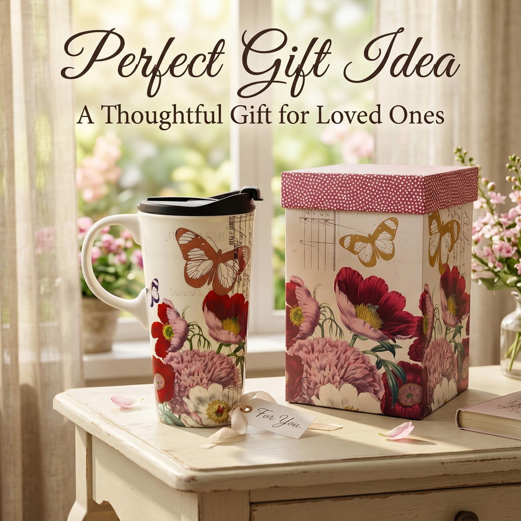 Topadorn 17oz Ceramic Travel Mug with Lid, Tall Ceramic Coffee Mug with Handle, Purple Floral Coffee Cup with Gift Box