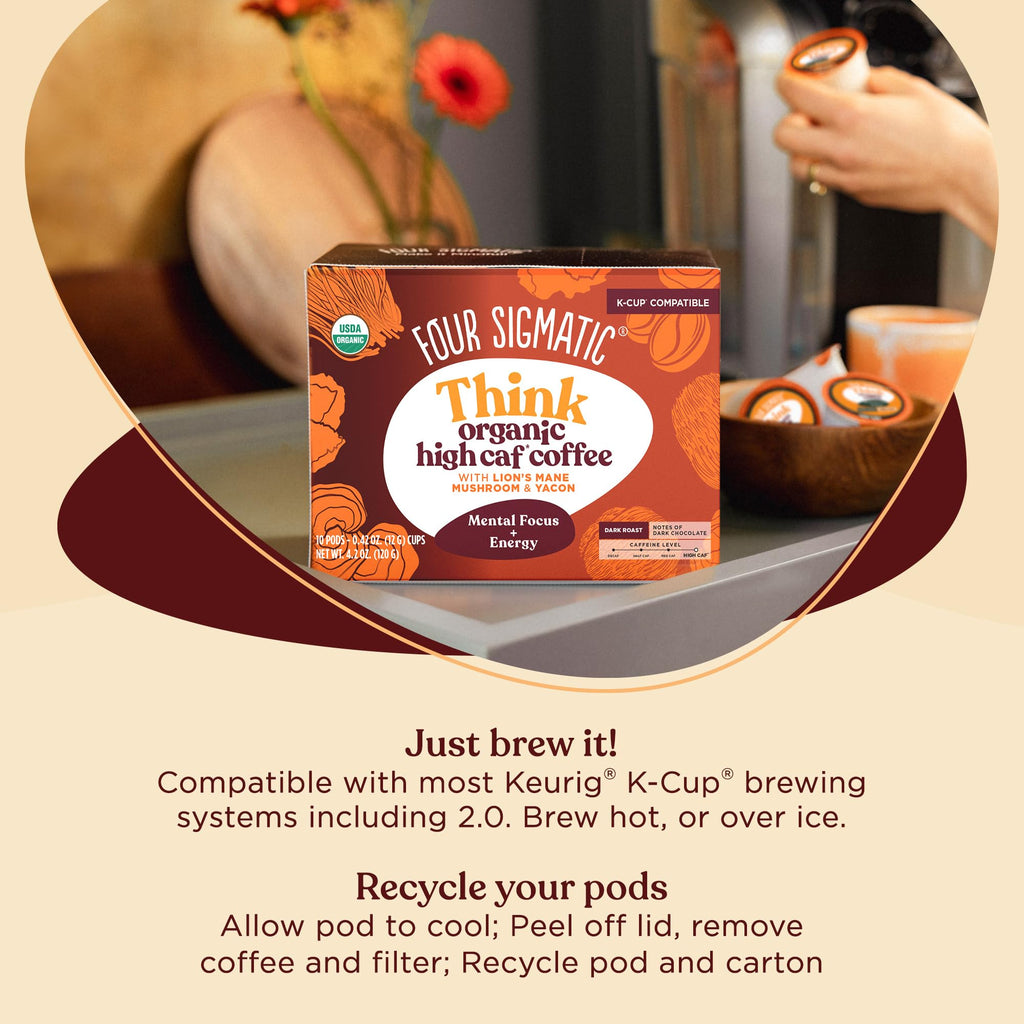 Four Sigmatic Mushroom Coffee K-Cups | Organic Dark Roast Coffee with Lion’s Mane Mushroom Powder & Yacon | Focus & Immune Support | Vegan & Keto | Sustainable Pods | 24 Count