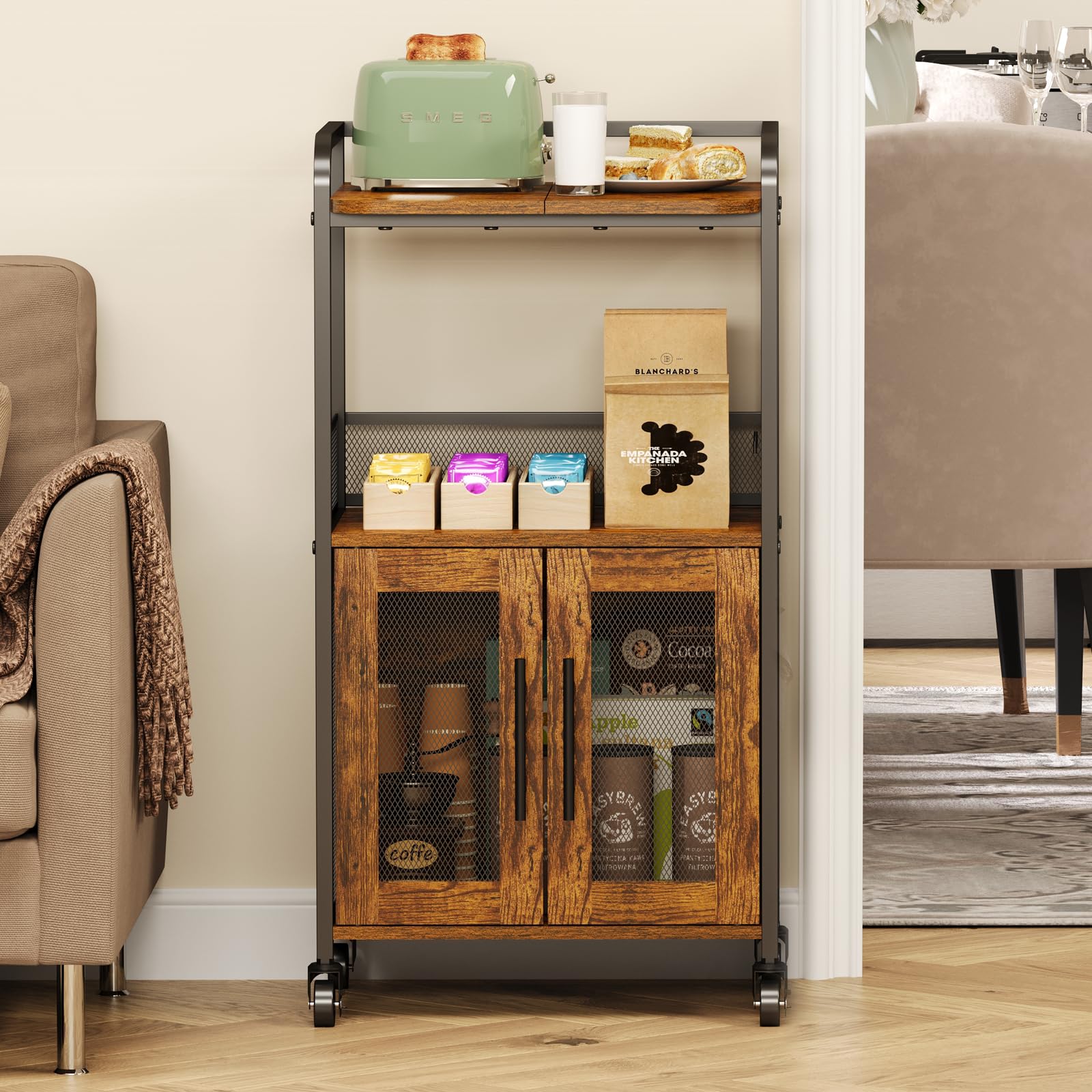 Hencawima Coffee Bar Cabinet, 3 Tier Coffee Station Table on Wheels, 35.9" H Bar Cart with Wire Basket Drawer & 5 Hooks for Home Kitchen, Liquor Buffet Sideboard Cabinet (Rustic Brown)