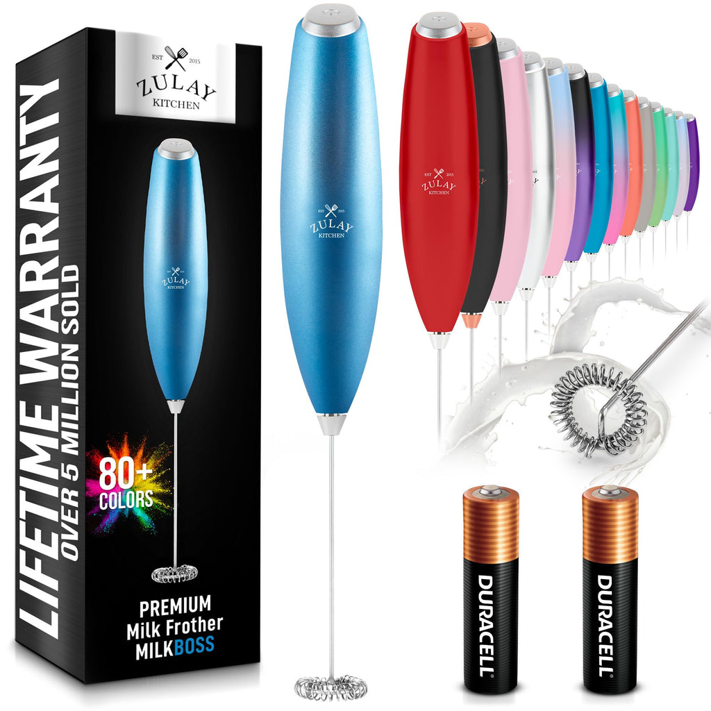Zulay Kitchen Powerful Milk Frother AA Batteries Included – Ultra Fast Handheld Drink Mixer with Stainless Steel Whisk Stirrer for Coffee, Protein, Matcha & More, Frother Wand Electric Frothmate Black