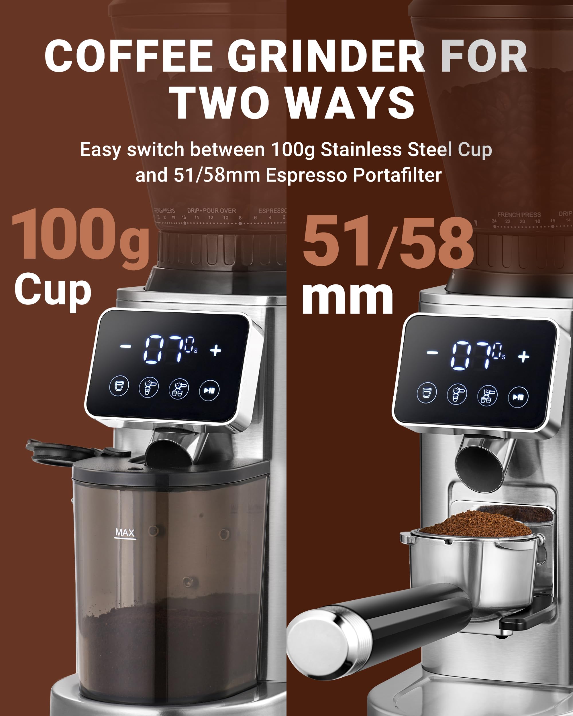 AMZCHEF Coffee Grinder, Coffee Bean Grinder for Home Use with Precise Grinding, LED Control Panel, Detachable Funnel Stand, Anti-static Design, 48 Grind Settings, Silver