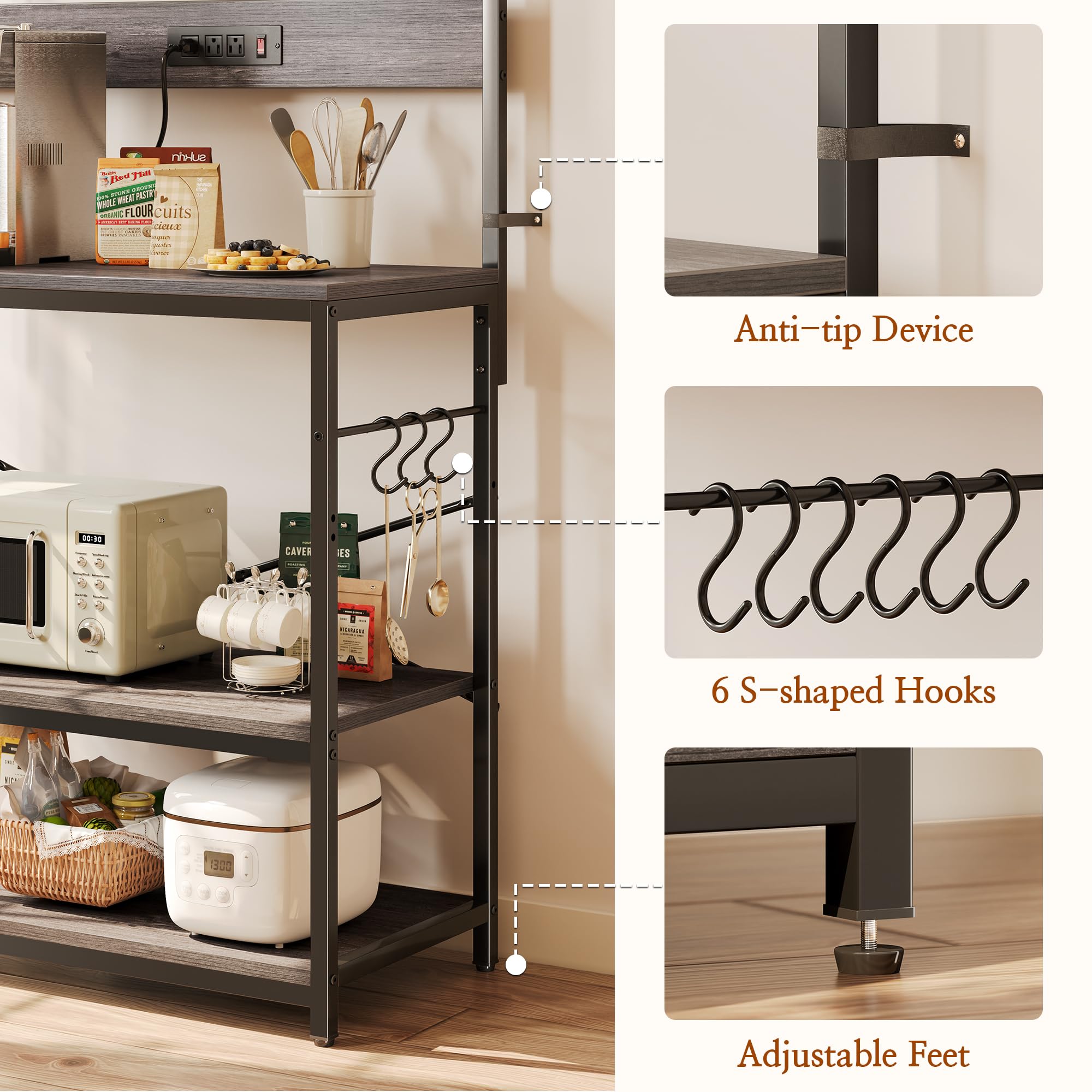 SUPERJARE Kitchen Bakers Rack with Power Outlet, Coffee Bar Table 4 Tiers, Kitchen Microwave Stand with 6 S-shaped Hooks, Storage Shelf Rack for Spices, Pots and Pans - Rustic Brown