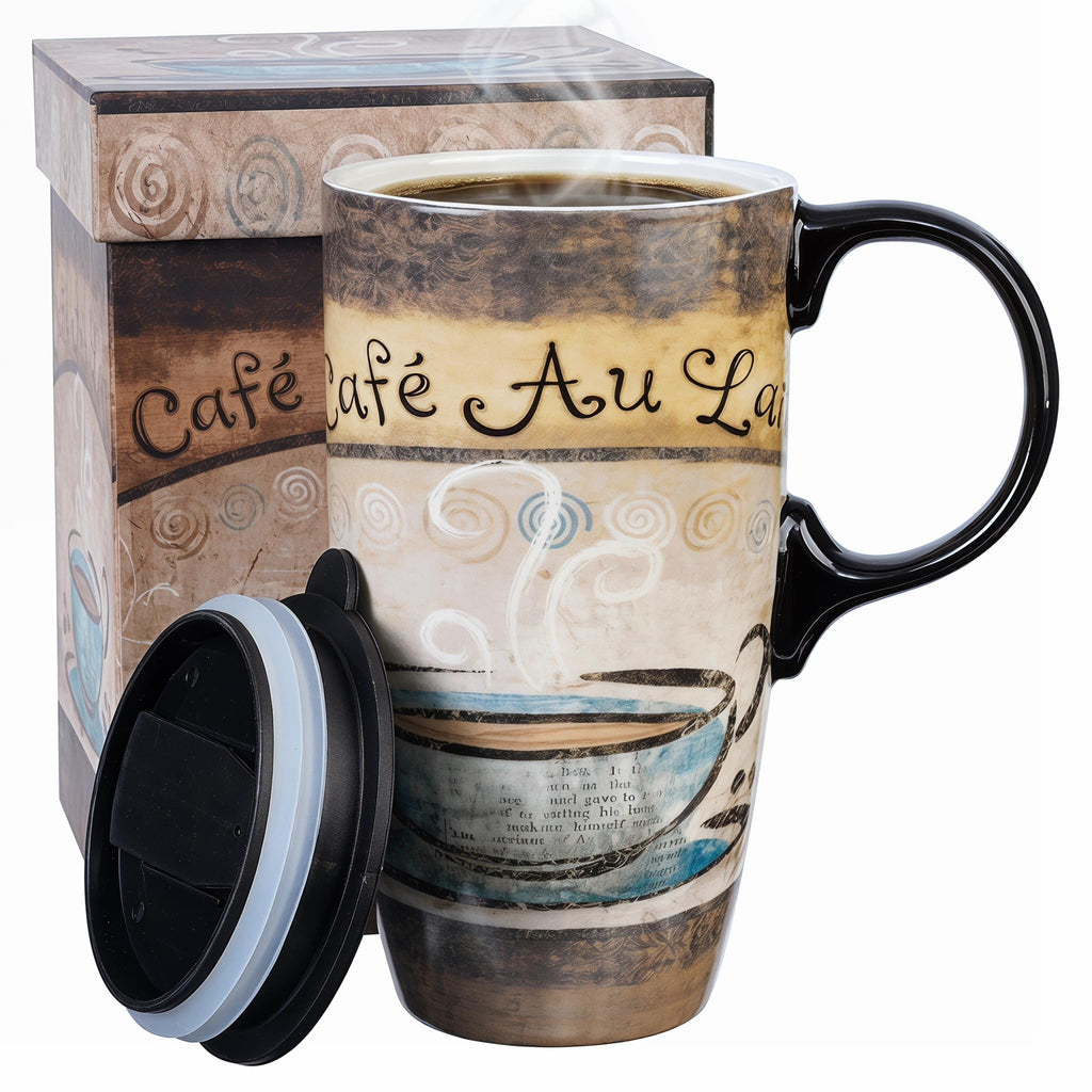 Topadorn 17oz Ceramic Travel Mug with Lid, Tall Ceramic Coffee Mug with Handle, Purple Floral Coffee Cup with Gift Box