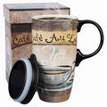 Topadorn 17oz Ceramic Travel Mug with Lid, Tall Ceramic Coffee Mug with Handle, Purple Floral Coffee Cup with Gift Box
