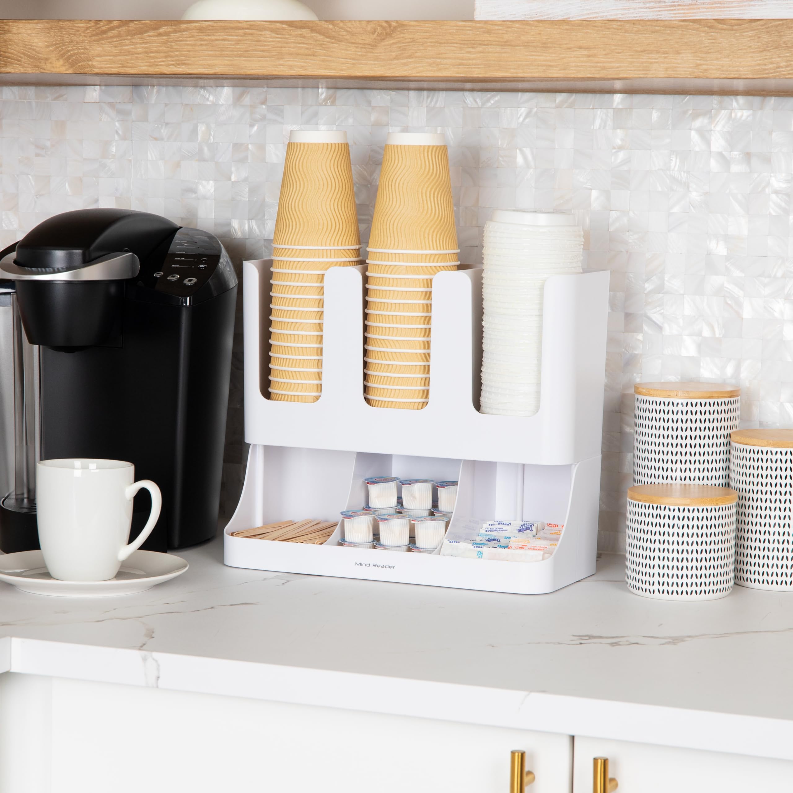Mind Reader Condiment Station, 13 Inch Countertop Coffee Bar Organizer with 6 Compartments, Storage Caddy for Cups, Lids and Packets, Plastic, Black