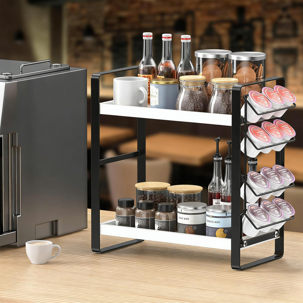 LEMIKKLE Coffee Station Organizer with Pod Holder and Drawer, Kitchen Countertop Organizer, Coffee Bar Accessories Station with Coffee Pod Storage, 2-Tier Wood Coffee Organizer With 6 Hooks