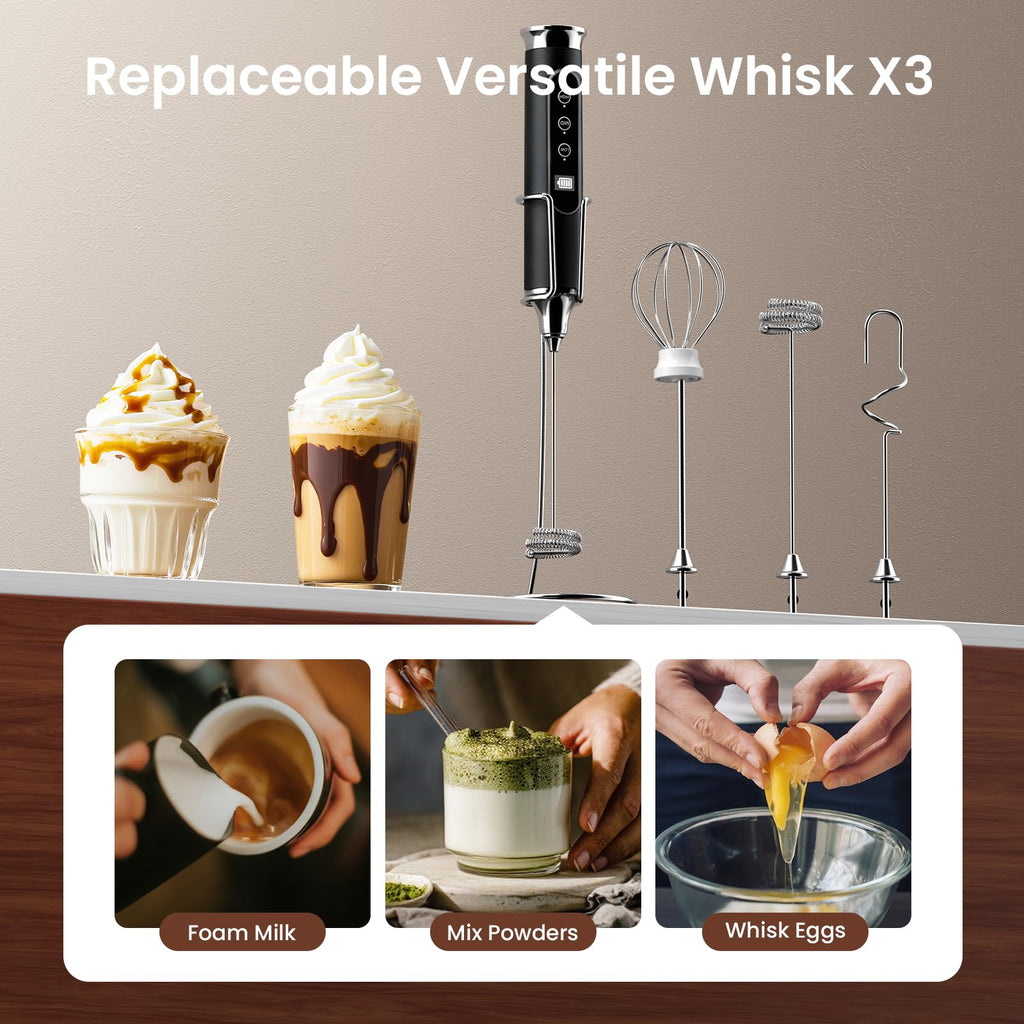 YUSWKO Milk Frother Wand for Coffee, Handheld Coffee Frother, Rechargeable Drink Mixer, Waterproof Electric Whisk, Black