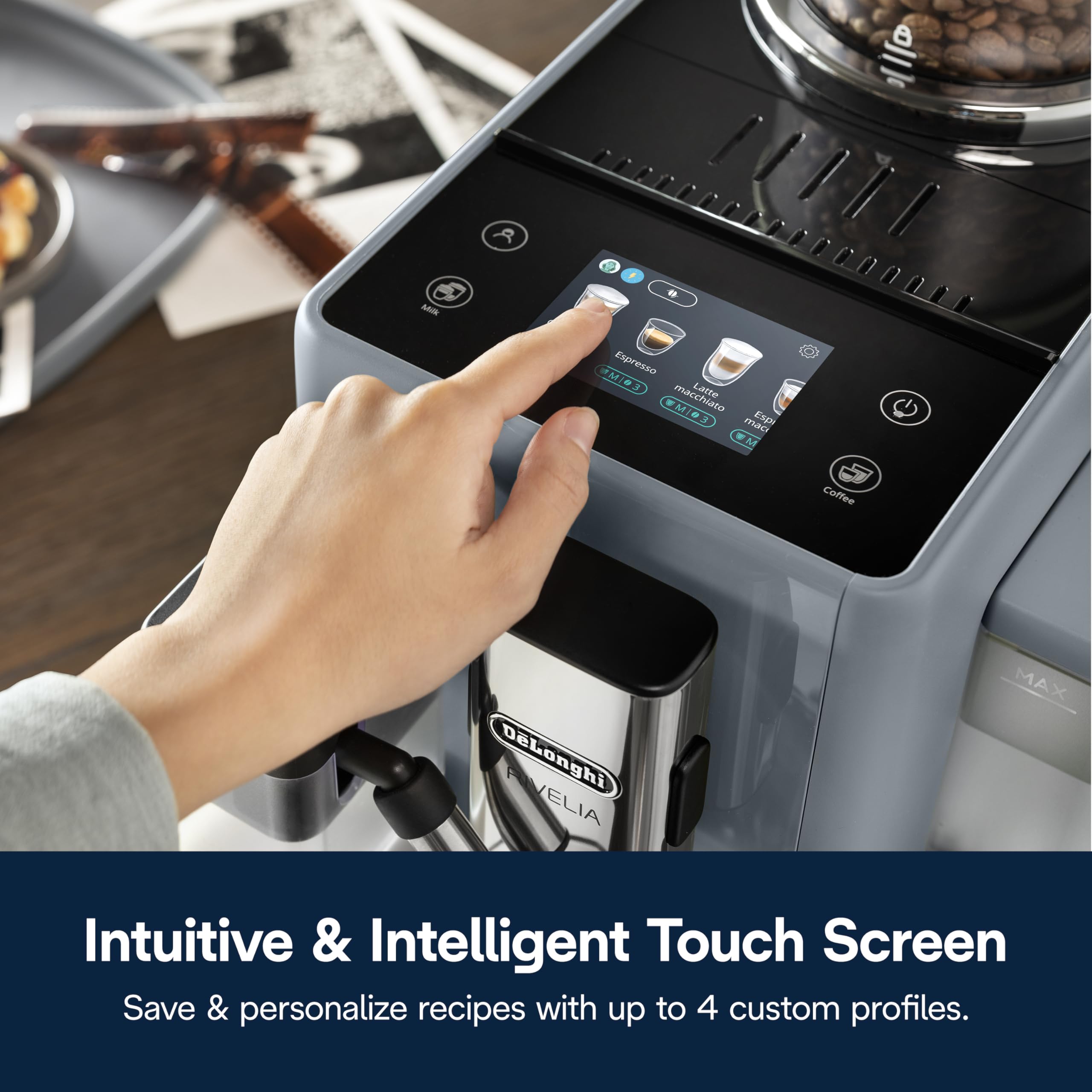 De'Longhi Rivelia Automatic Espresso Machine with Grinder & Milk Frother – All-in-One Coffee Maker, Hot & Iced Latte, Cappuccino, Bean Switch System, Burr Grinder, Compact Italian Design, Black