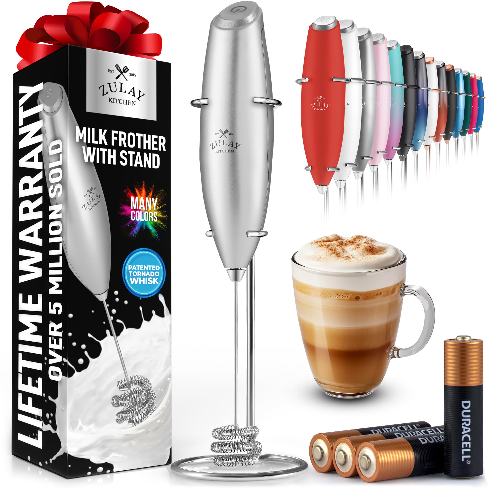 Zulay Kitchen Rechargeable Milk Frother Handheld - Frother Wand, Drink Mixer, Electric Whisk Frother, for Cappuccinos, Matcha & Protein Powder - Lux 4 Whisk 2 Speed Waterproof 2000mAh Alpha Black
