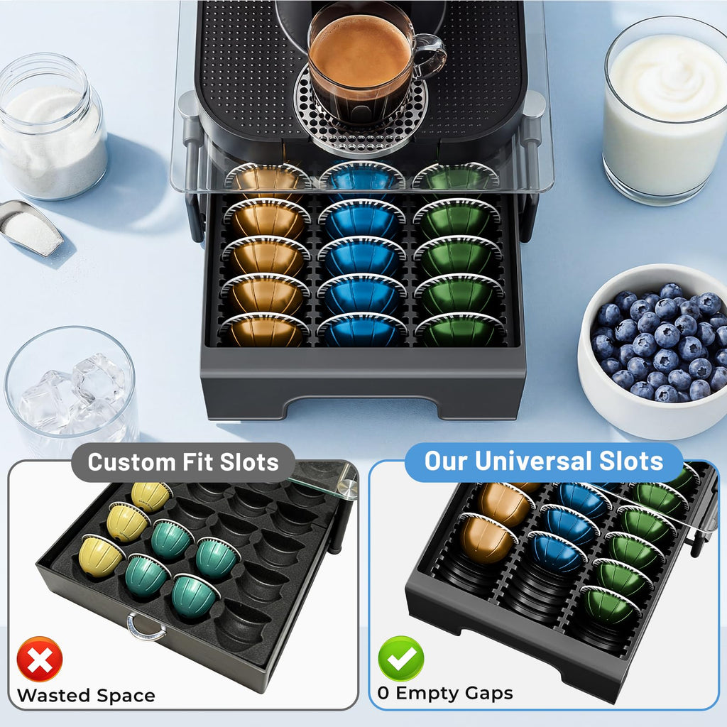 EVERIE Nespresso Vertuo Pod Holder Drawer, Coffee Pod Organizer with Universal Slots, Holds 40 Large or 52 Small Capsules, Tempered Glass Top Storage Drawer for Coffee Makers, 12" x 16.5" x 3.5"