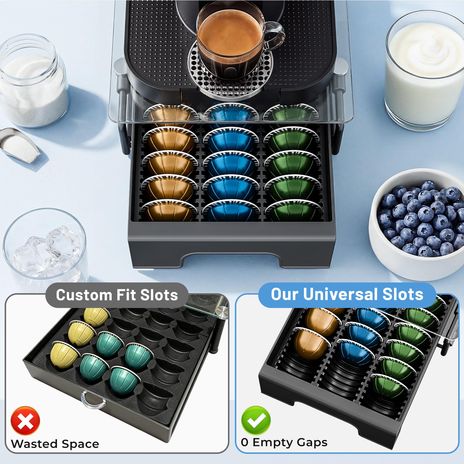 EVERIE Nespresso Vertuo Pod Holder Drawer, Coffee Pod Organizer with Universal Slots, Holds 40 Large or 52 Small Capsules, Tempered Glass Top Storage Drawer for Coffee Makers, 12" x 16.5" x 3.5"