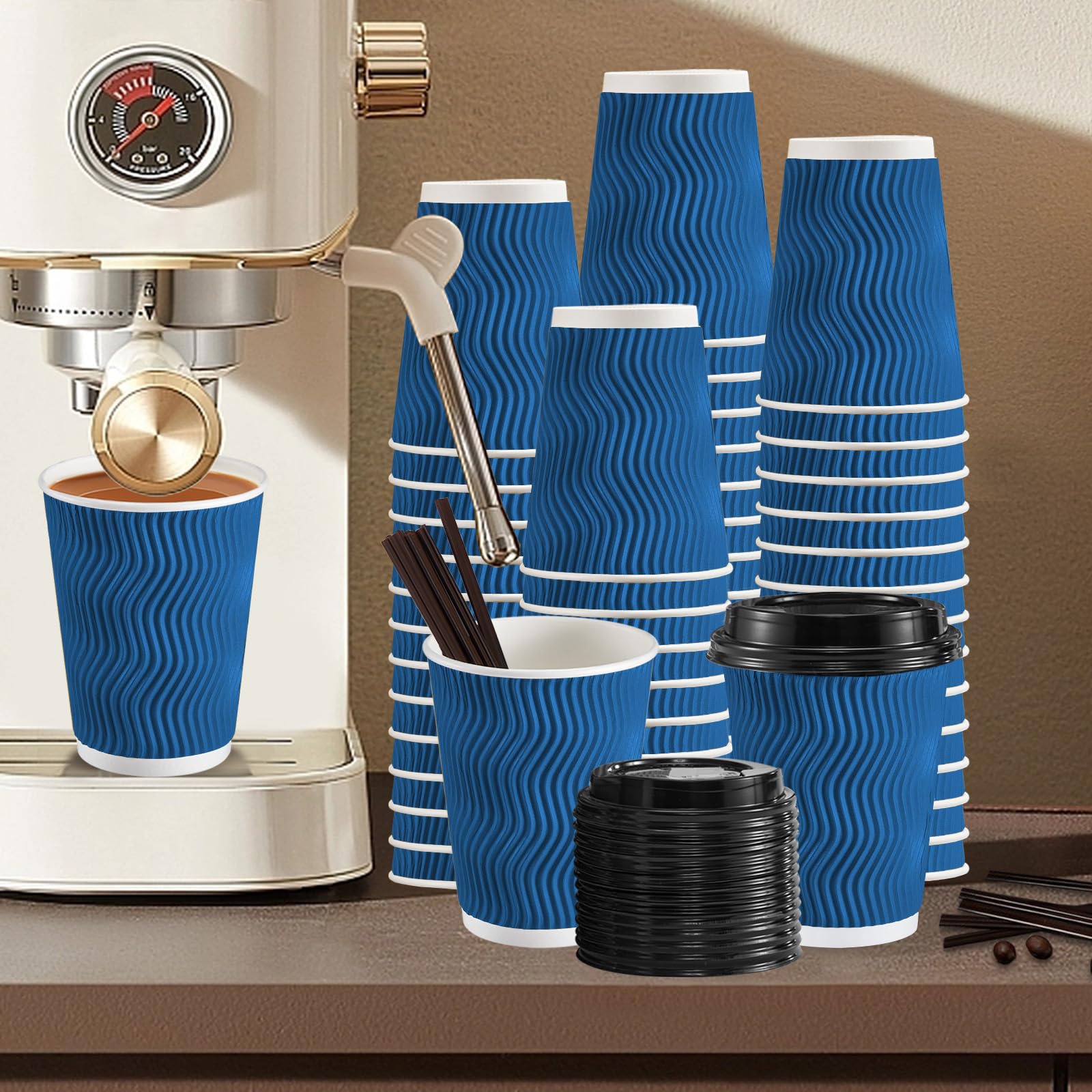 SIUQ 12 oz Coffee Cups-90 Pack Disposable Coffee Cups with Lids and Straws, Insulated Ripple Wall To Go Paper Coffee Cup for Coffee, Hot Chocolate and Hot Tea Drinks - Champagne